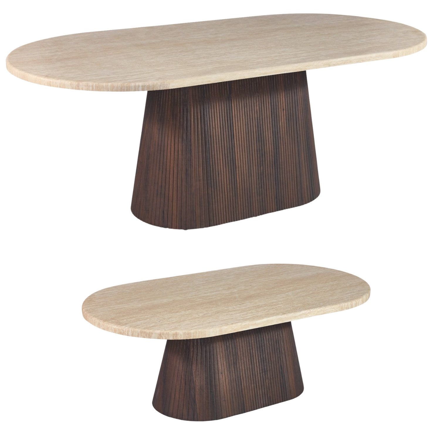 alesvelt Esstisch & Couchtisch Design Set im Säulenstil Travertin-Optik (2er-Set), 200x100x75cm, 130x70x45cm, edle Travertin-Optik, massive Tischplatte