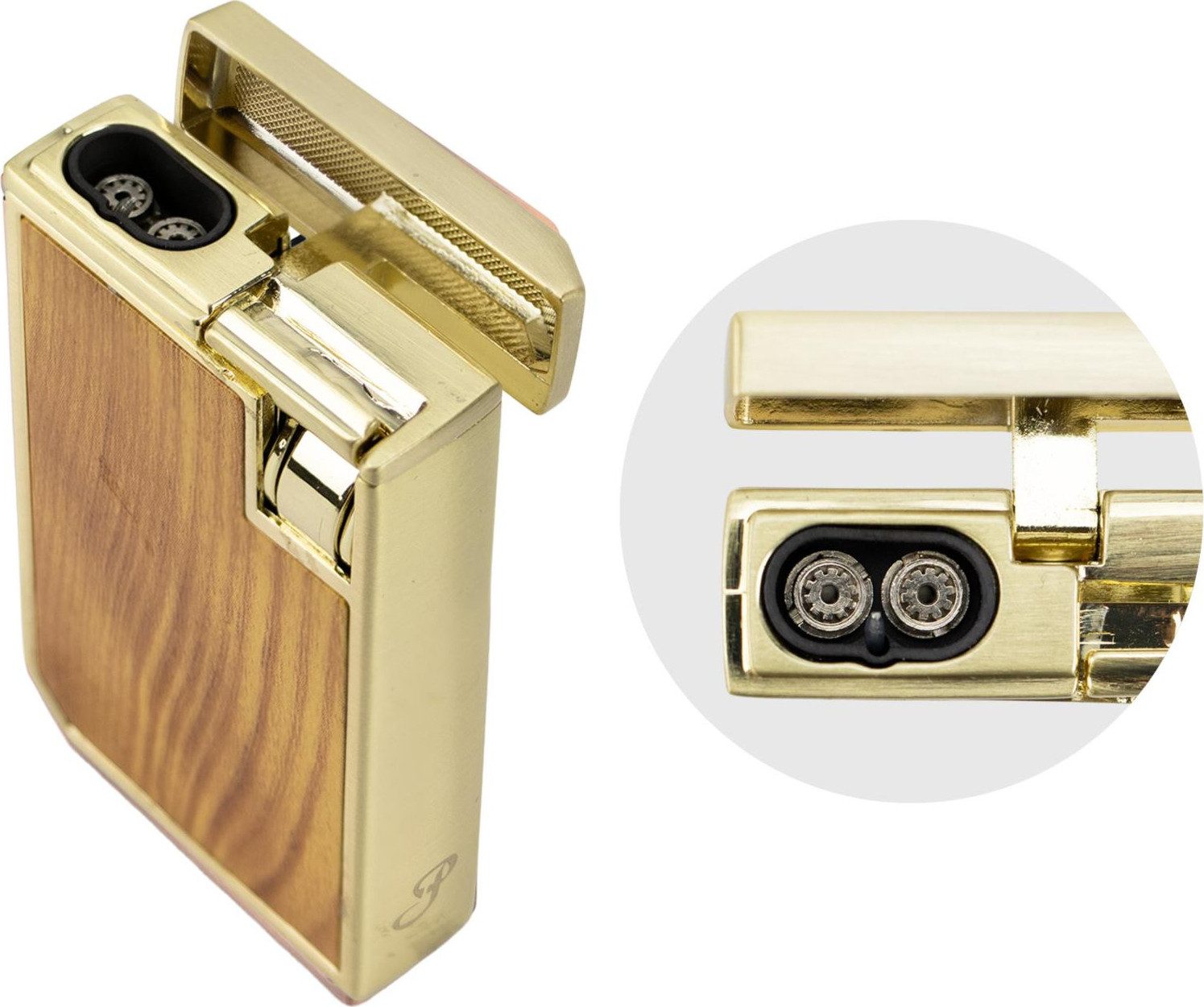 Passatore Feuerzeug Zigarrenfeuerzeug mit Rundcutter 8mm gold/Holzdesign in Geschenkbox (Zigarrenfeuerzeug inkl. Rundcutter), in einer Geschenkbox verpackt