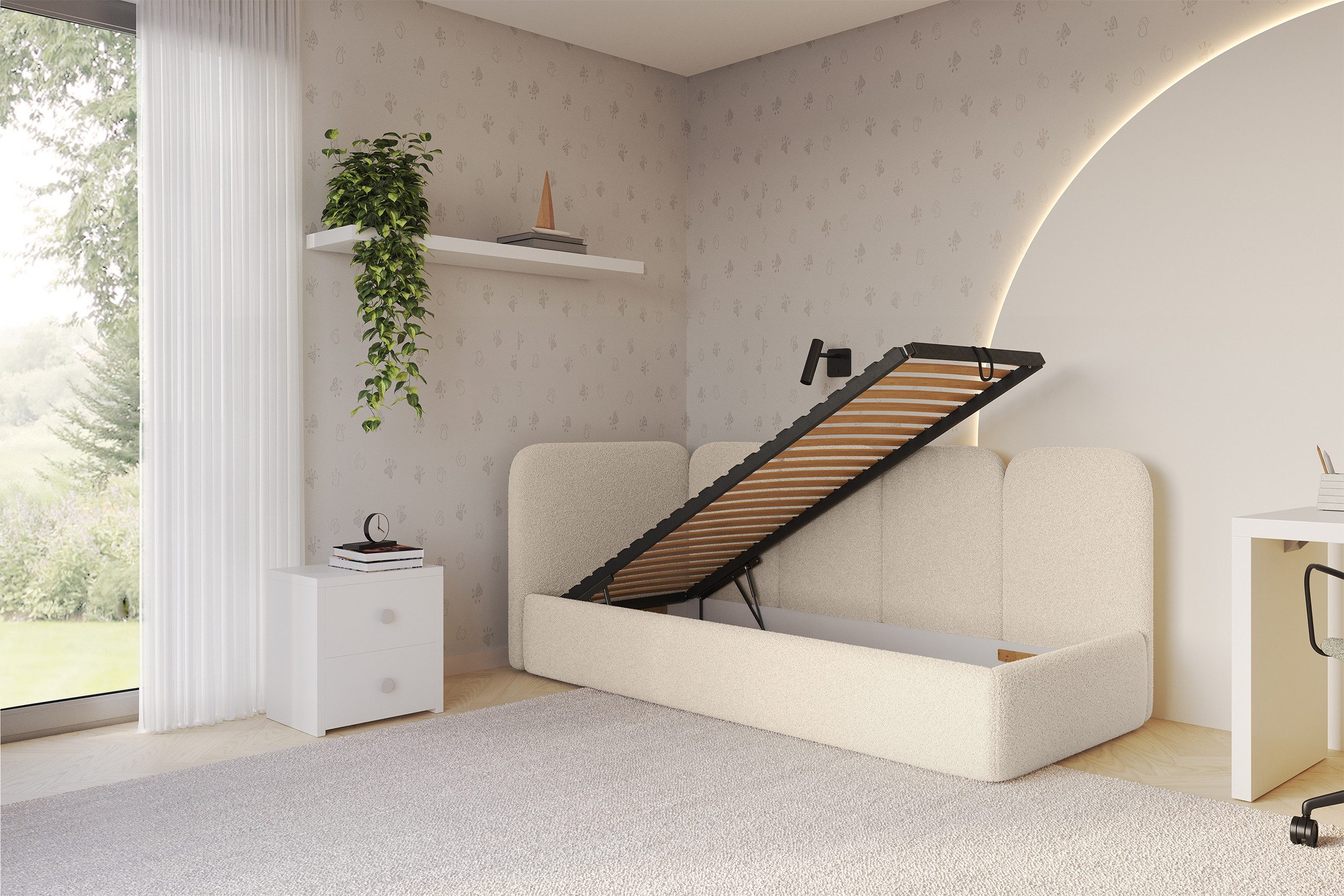 ALTDECOR Jugendbett VELY (Jugendbett mit Bettkasten und Lattenrost, Polsterbett ohne Matratze), Einzelbett mit Stauraum, Bett mit Kopfteil