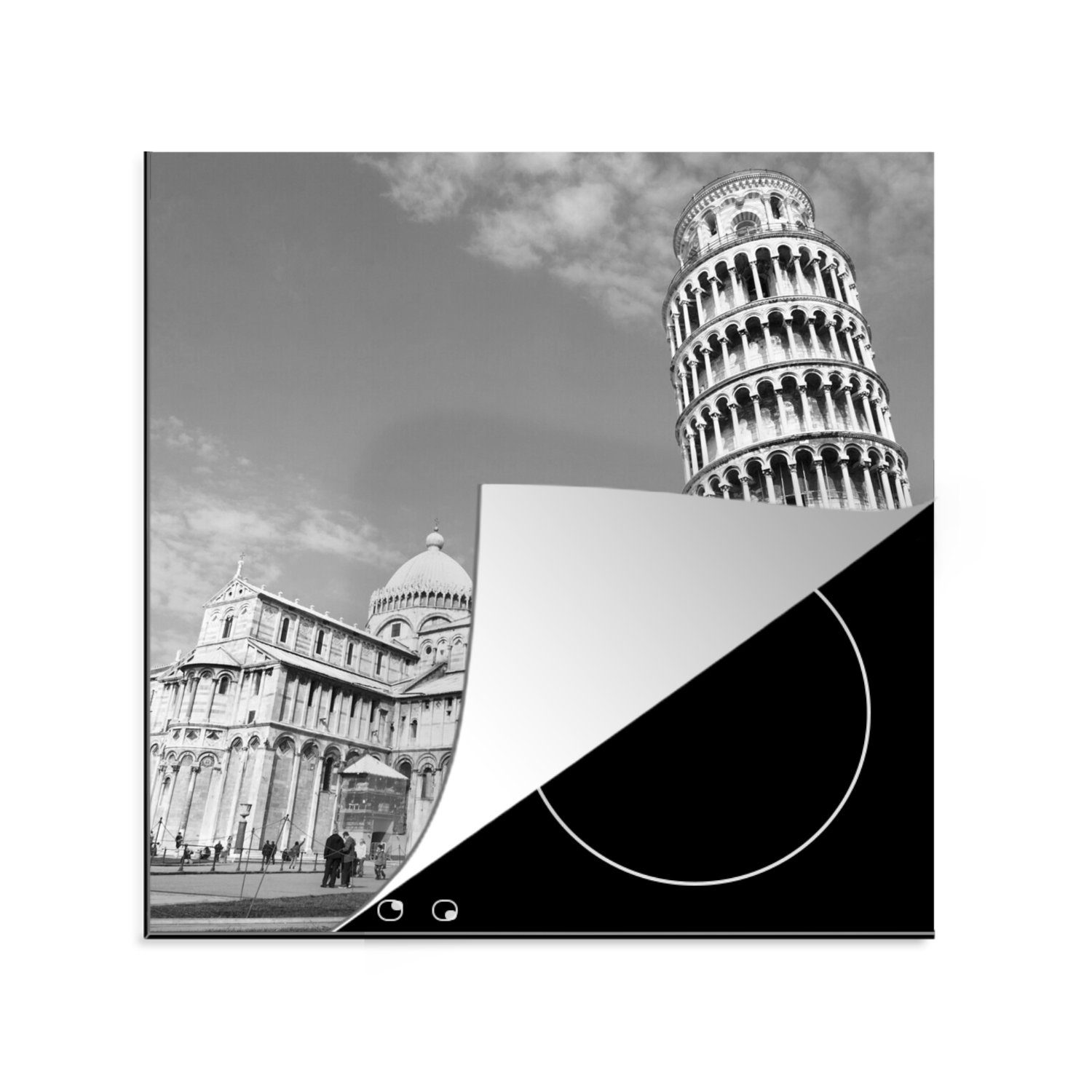 MuchoWow Herdblende-/Abdeckplatte Schwarz-Weiß-Bild Turm von Pisa neben dem alten Dom, Vinyl, (1 tlg), 78x78 cm, Ceranfeldabdeckung, Arbeitsplatte für küche