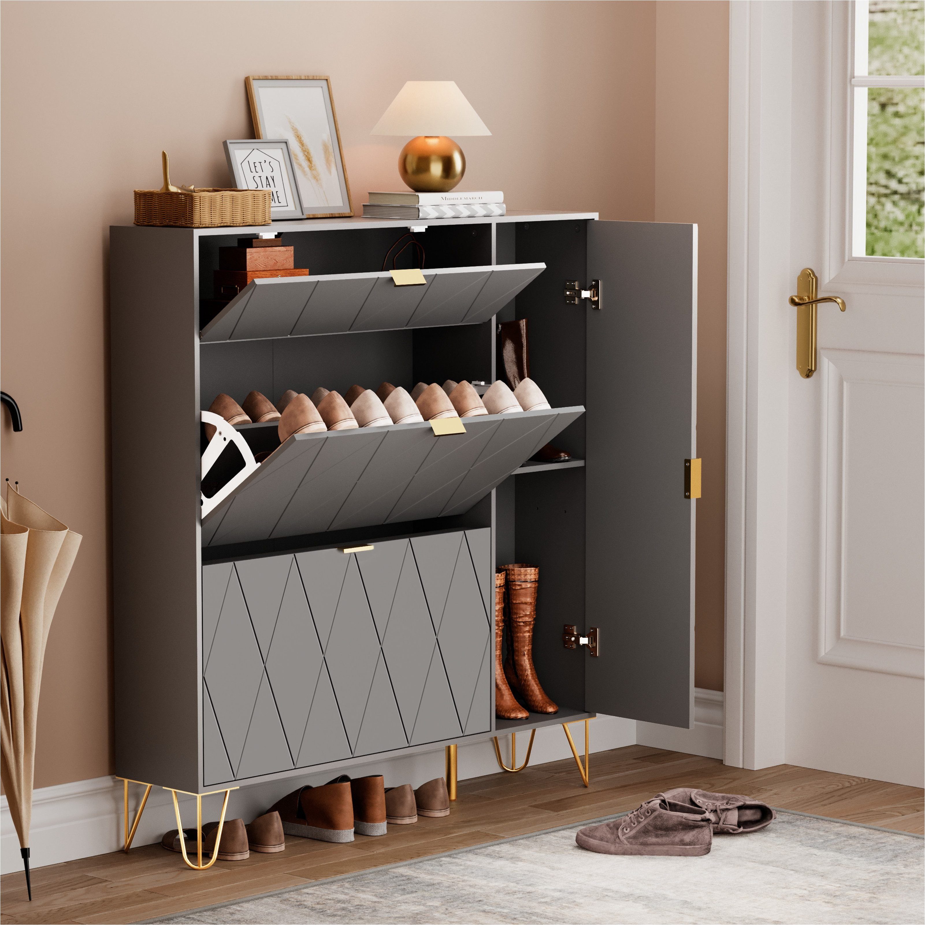 UEV Schuhschrank mit 2 Klappen und Tür Schuhregal mit Kippsicherung (Schuhkommode, Schuhkipper, Trennwand verstellbar, 105x24x120cm) platzsparend, Für verschiedene Schuhtypen geeignet