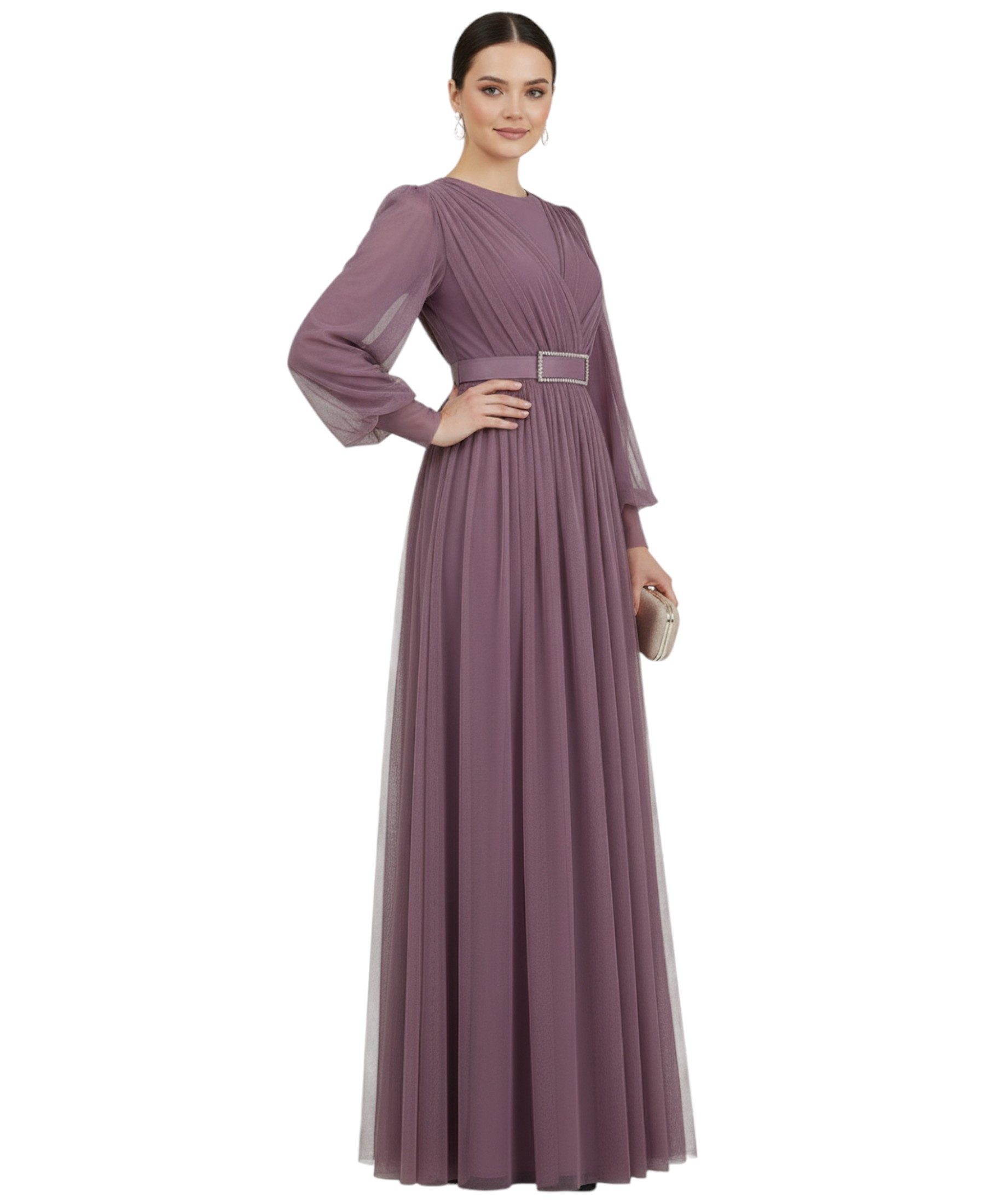 fashionshowcase Abendkleid Damen Maxikleid langarm Tüllkleid elegant mit Gürtel Modest Fashion Fließender Plissee-Rock mit taillierendem Gürtel