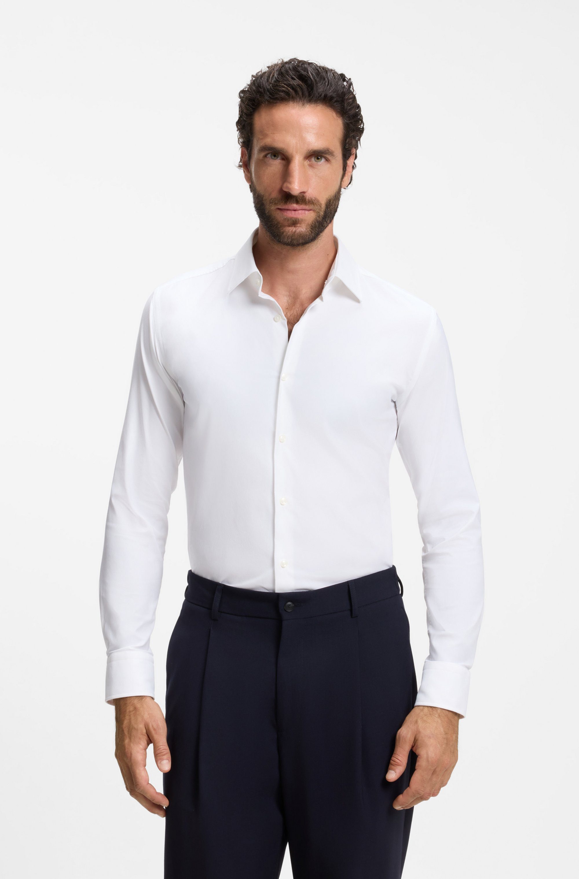 BOSS Businesshemd HANK Slim-Fit, aus funktionalem Stretch-Twill, Kentkragen
