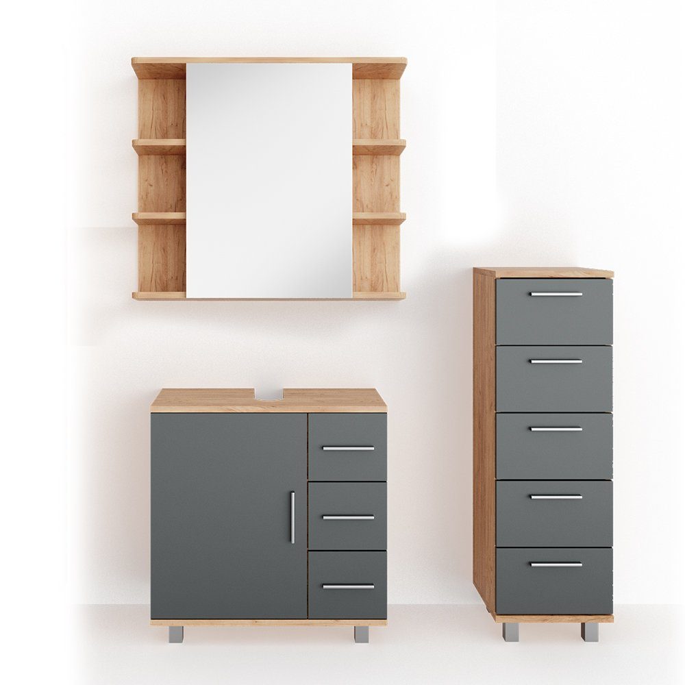Badmöbel-Set Ilias, Eiche/Anthrazit, 3 Teile, mit Midischrank