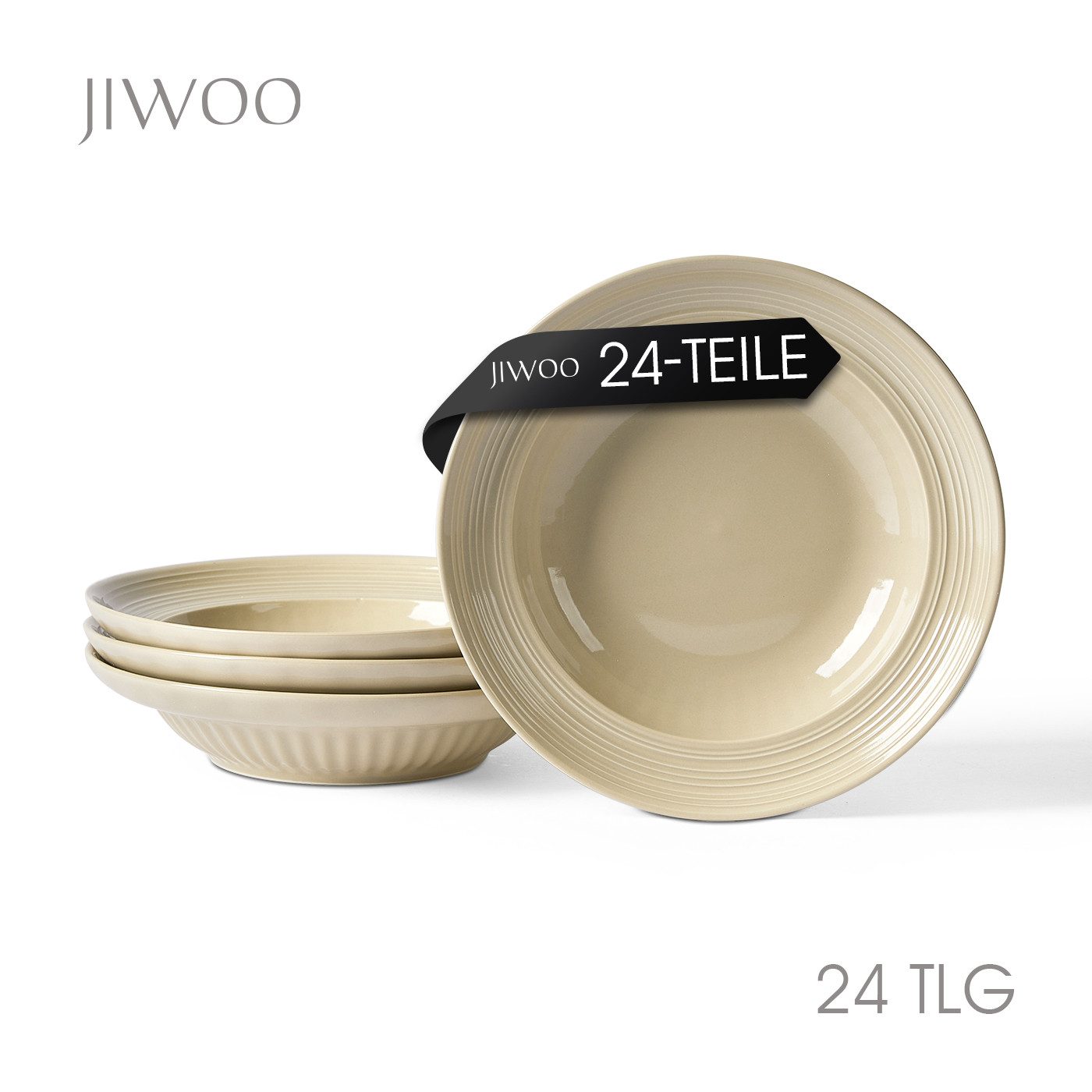 JIWOO Suppenteller 4er Ø20,3 cm, Speiseteller Pastateller Salatteller Dessertteller Plate, (24 St), Keramik Plate Hochwertige TellersetBraun mikrowellen spülmaschinenfest