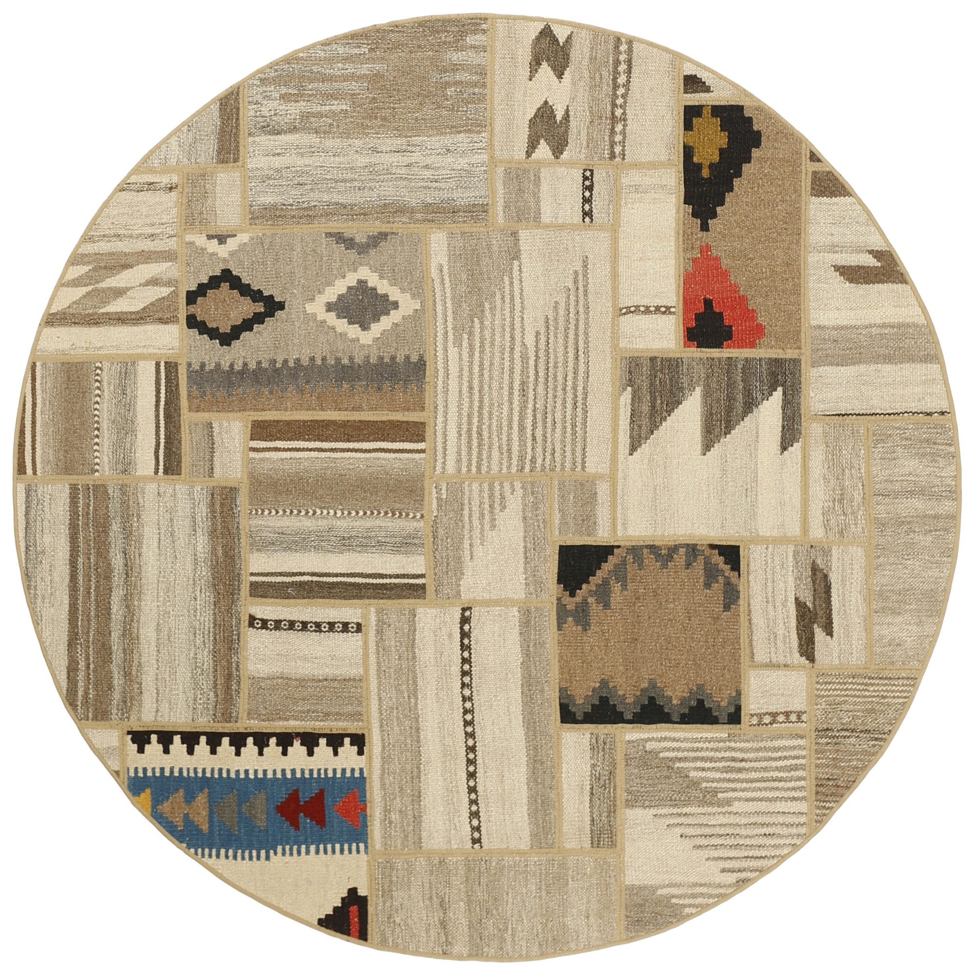 Wohnando Teppich MY-RUG Perserteppich Patchwork Geometrische Muster creme 150x150cm, Rund, Höhe: 10 mm, Handgeknüpfter Teppich,Handgesponnene Wolle, mit Naturfarben gegärbt