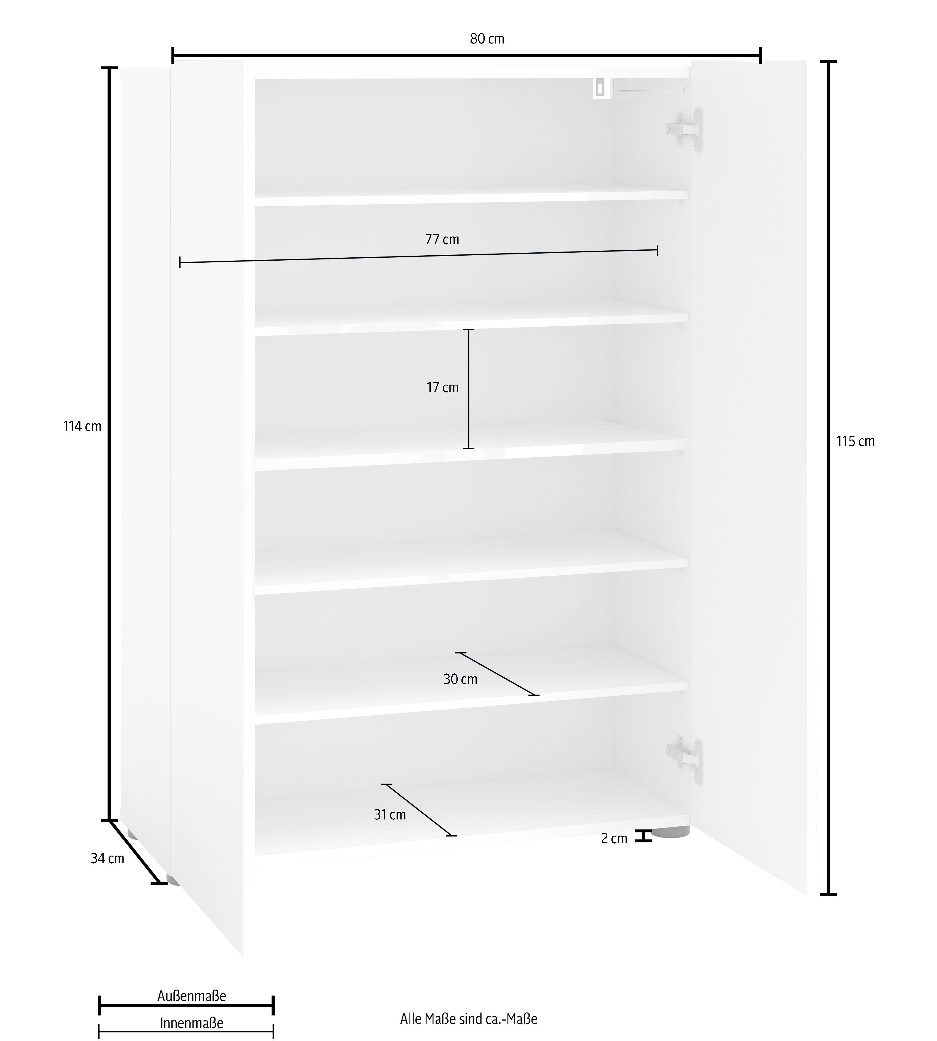 INOSIGN Schuhschrank Mister, Schuhregal, Made in Italy, 6 Fächer, 5 Einlegeböden Breite 80 cm, 2 Türen, in Hochglanz lackiert, für ca. 18 Paar Schuhe