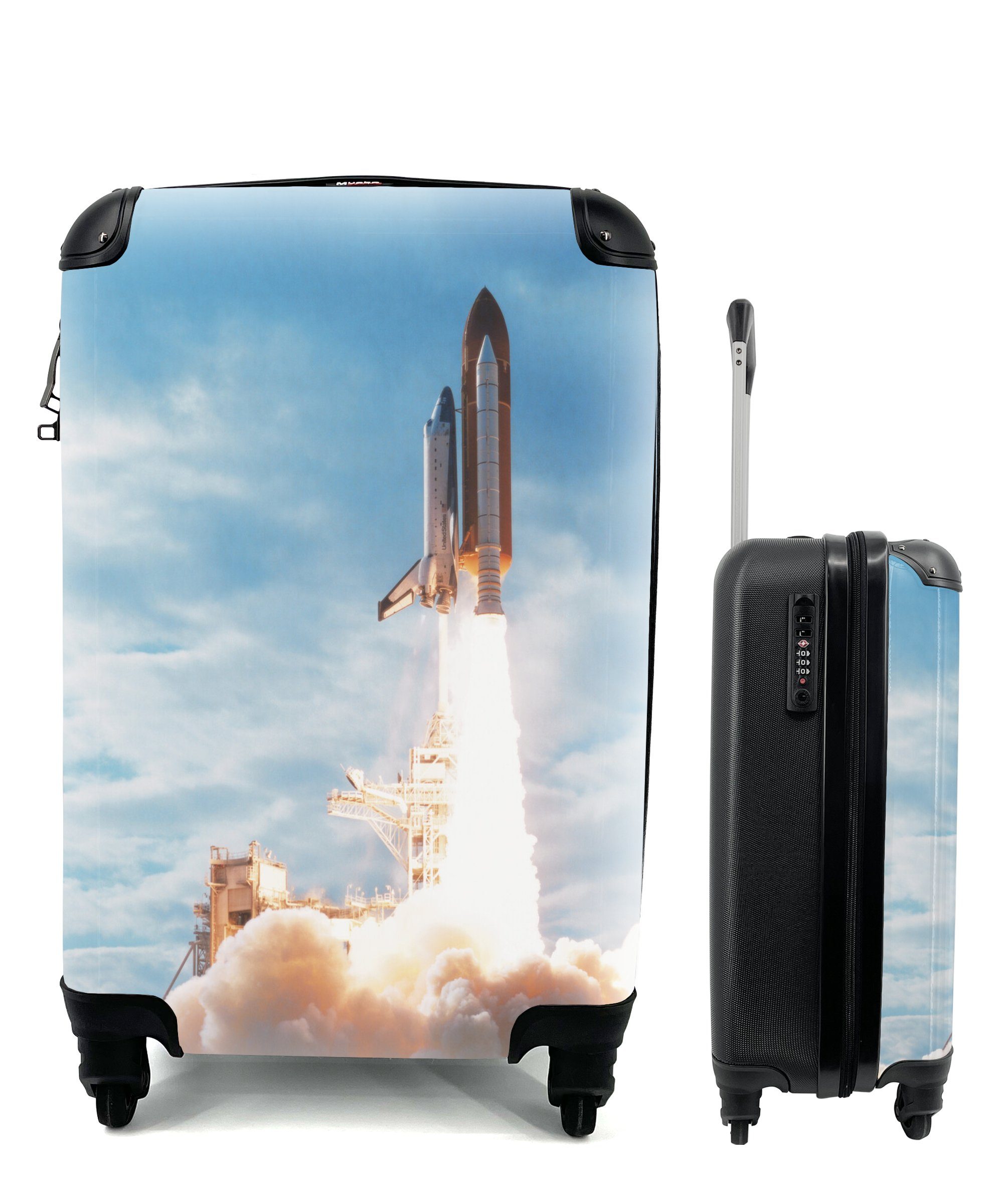 MuchoWow Handgepäckkoffer Eine Raumfähre schießt mit enormer Geschwindigkeit in die Luft, 4 Rollen, Reisetasche mit rollen, Handgepäck für Ferien, Trolley, Reisekoffer