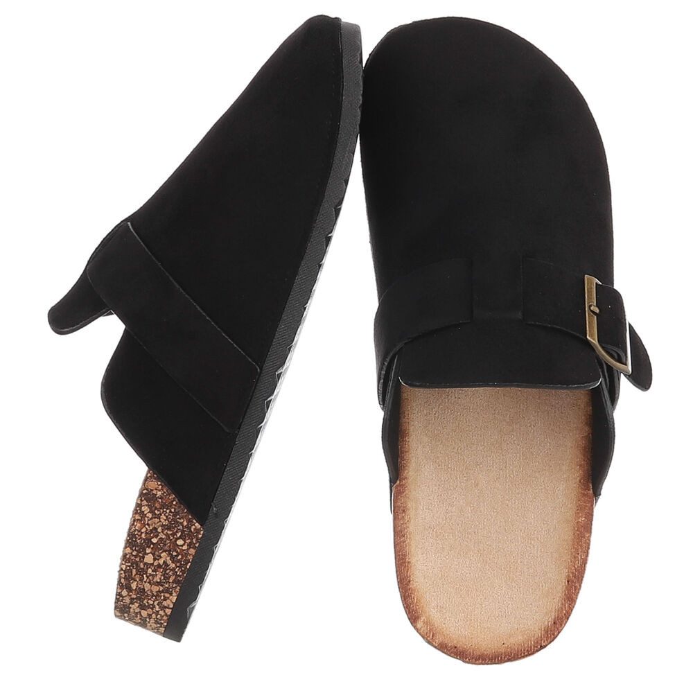 Ital-Design Damen Clog mit Schnalle in Veloursleder-Optik Pantolette (91895624) Flach Pantoletten in Schwarz – Bild 2 von 5