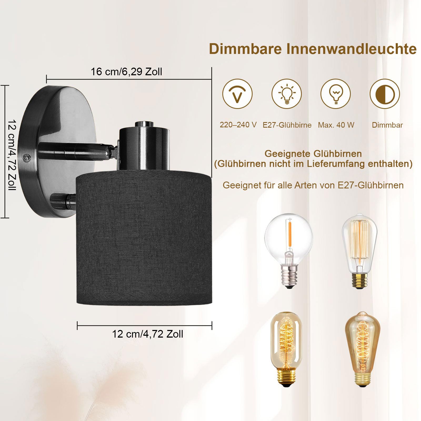 Rosnek LED Wandleuchte Wandlampe innen dimmbar mit Schalter E27 40W inkl. Leuchtmittel, LED wechselbar, Wandleuchte mit beige Leinenschirm für Schlafzimmer Wohnzimmer Flur
