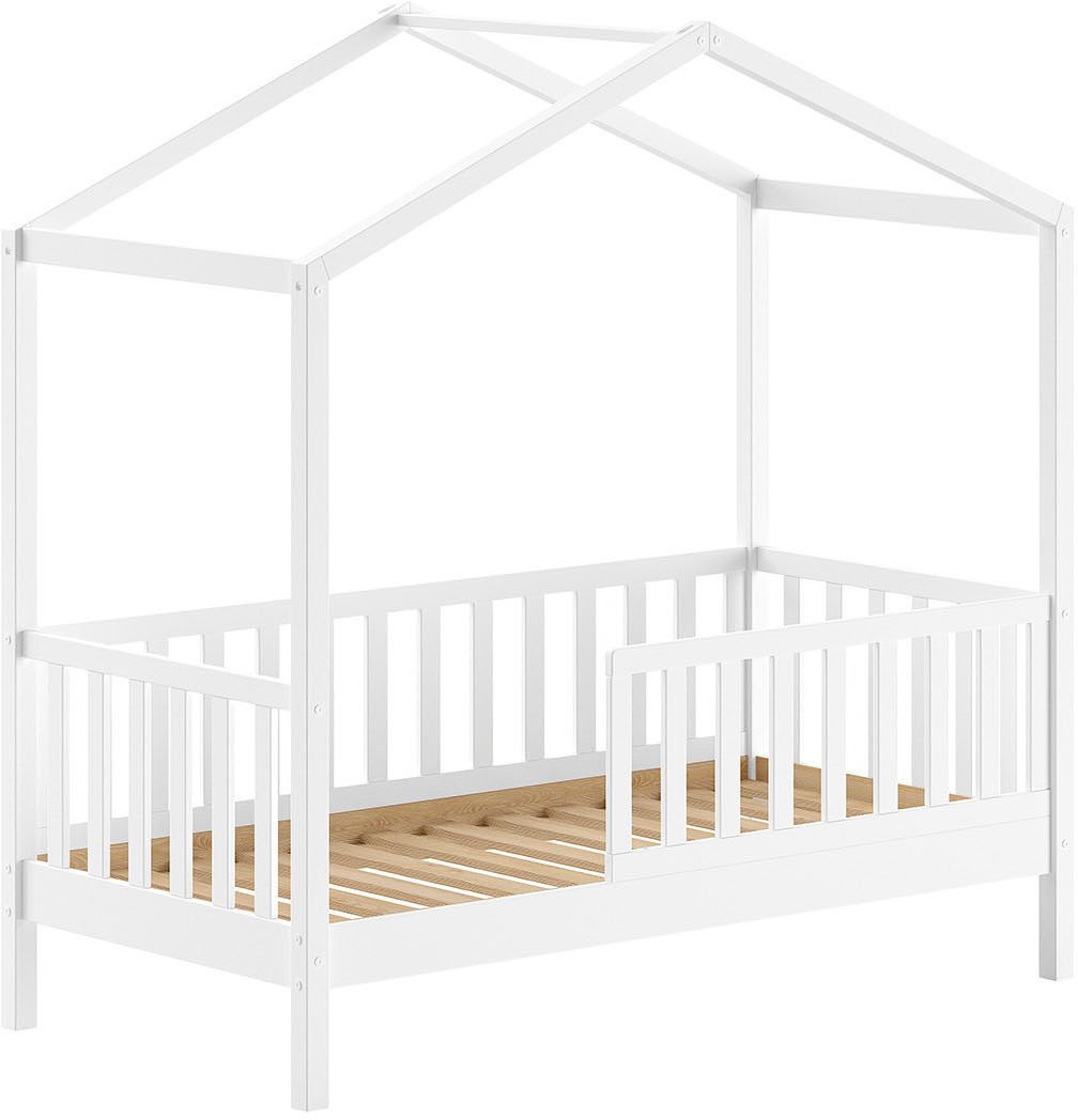 Vipack Hausbett Junior Hausbett 70/140, umlaufender Rausfallschutz, stabil gebaut (B/H/T ca. 148x150,6x75,8cm, in verschiedenen Farben erhältlich), inkl. Rolllattenrost und Dachaufbau
