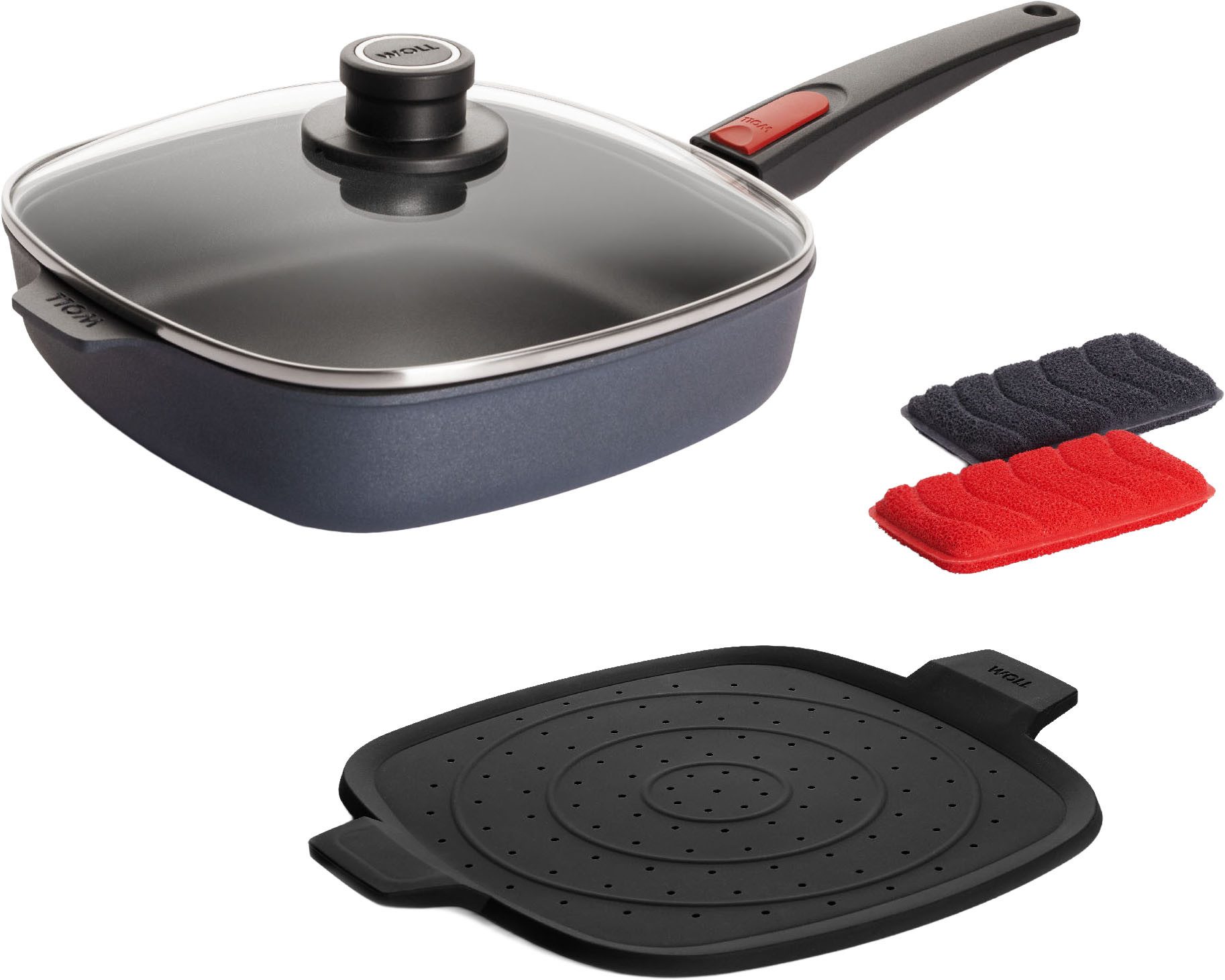 WOLL MADE IN GERMANY Сковороды-Set Diamond Lite mit Deckel, Aluminiumguss (Set, 4-tlg), Abnehmbarer Stiel, Antihaftbeschichtet