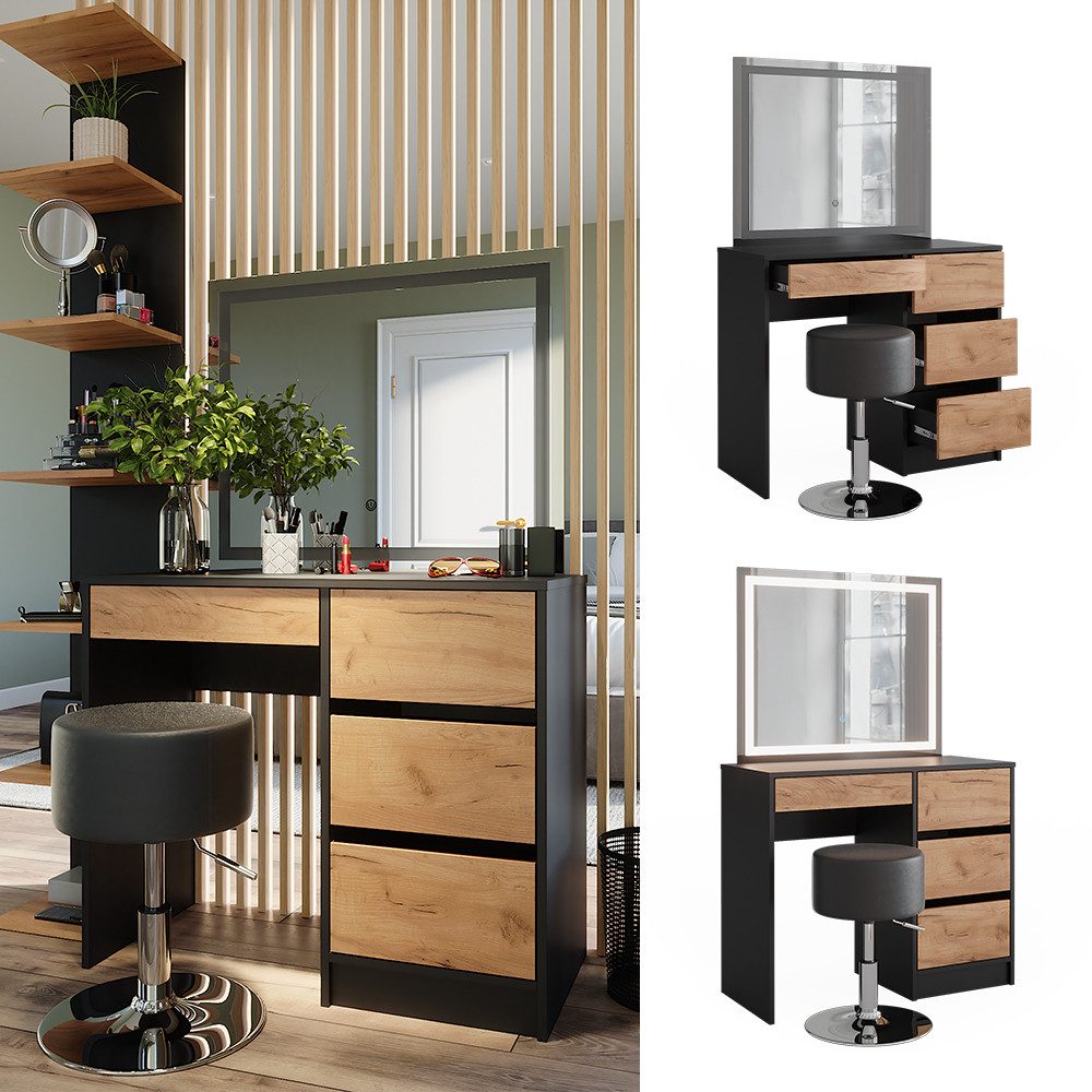 Vicco Schminktisch Sherry, Anthrazit/Goldkraft Eiche, 90 x 75 cm mit LED-Spiegel und H... (3-St)