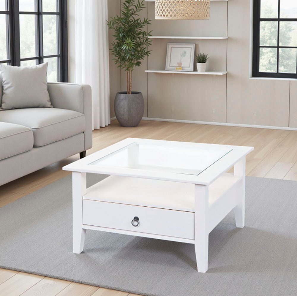 Inter Link Couchtisch Provence, Kiefer Massivholz, Glasplatte & Schublade, Landhausstil (1-St), Wohnzimmertisch, Sofatisch, Stauraum, BxTxH: 75 x 75 x 45 cm