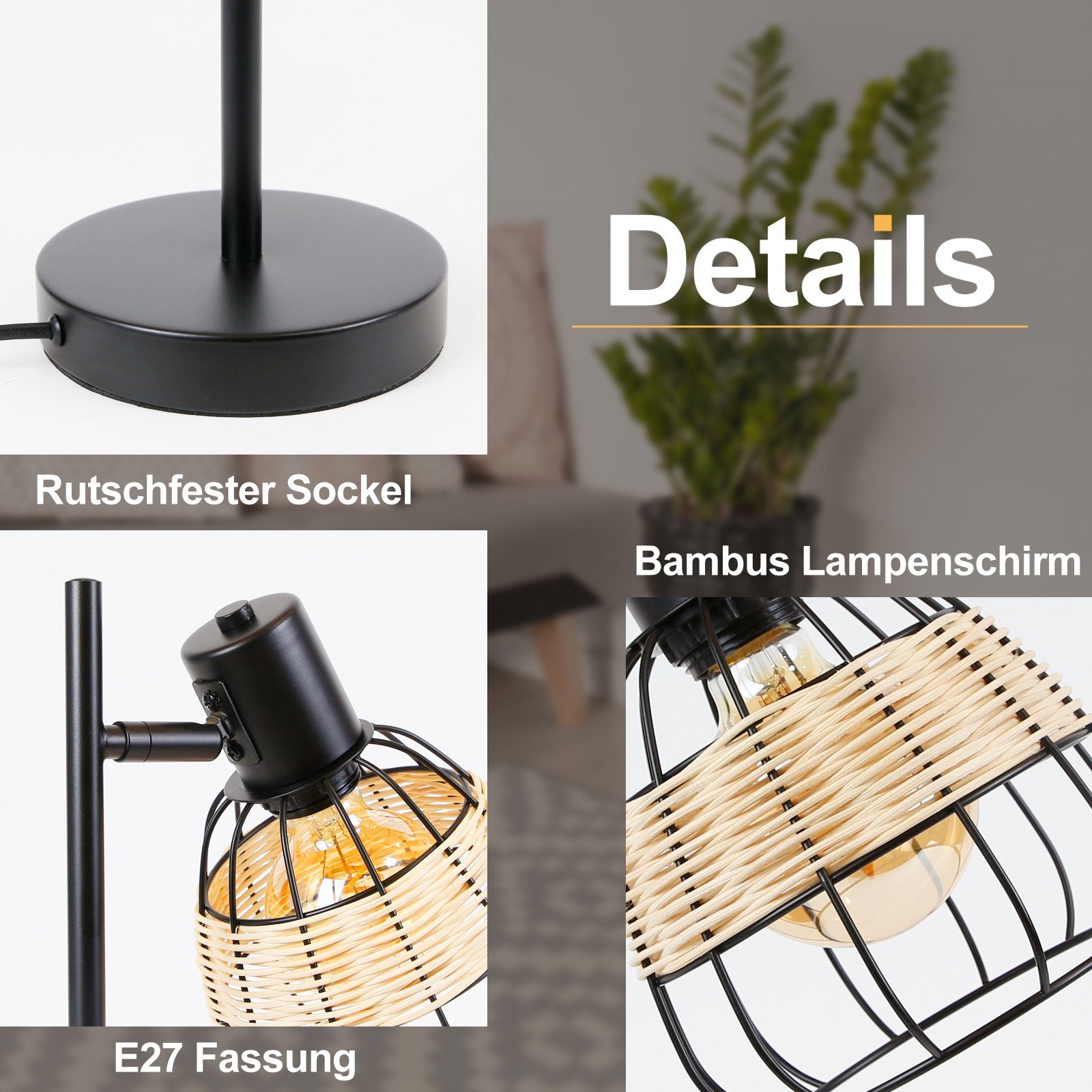 Nachttischlampe wechselbar Rattan LED Schwarz E27 schwenkbarer, Tischleuchte Bambus Lampenschirm Nettlife