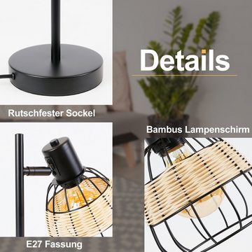 Nettlife Tischleuchte Schwarz E27 Nachttischlampe Rattan Bambus Lampenschirm schwenkbarer, LED wechselbar