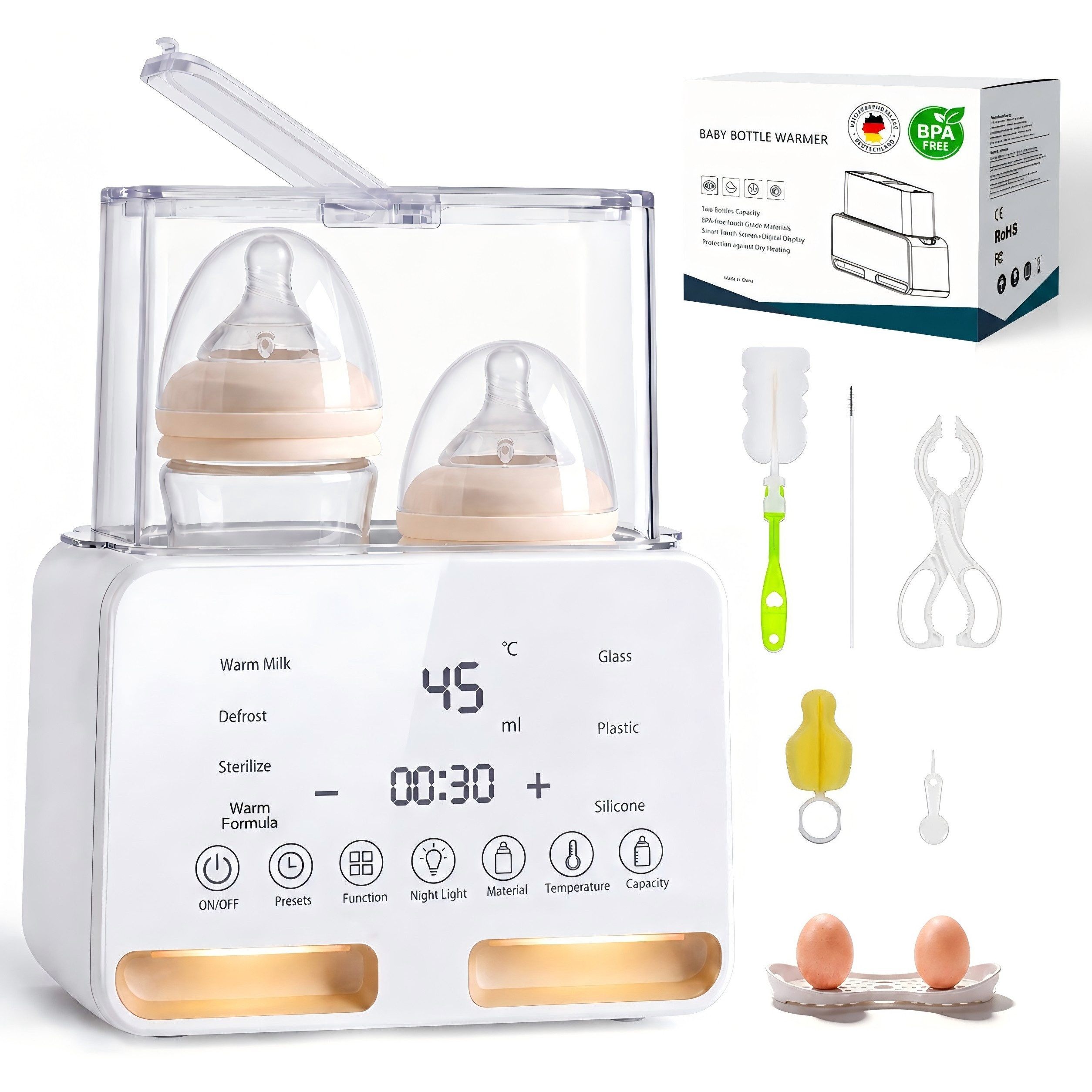 SWGOTA Babyflaschenwärmer 2026 Neuer 12-in-1 Babyflaschenwärmer Sterilisator 2 Flaschen BPA-frei, Für 30–300 ml,PTC-Schnellheizung,48H Warmhalten,Nachtlicht,1–24H Timer