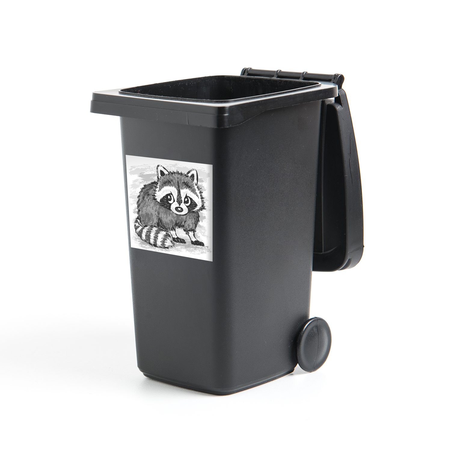 MuchoWow Wandsticker Illustration eines gezeichneten Waschbären - schwarz und weiß (1 St), Mülleimer-aufkleber, Mülltonne, Sticker, Container, Abfalbehälter