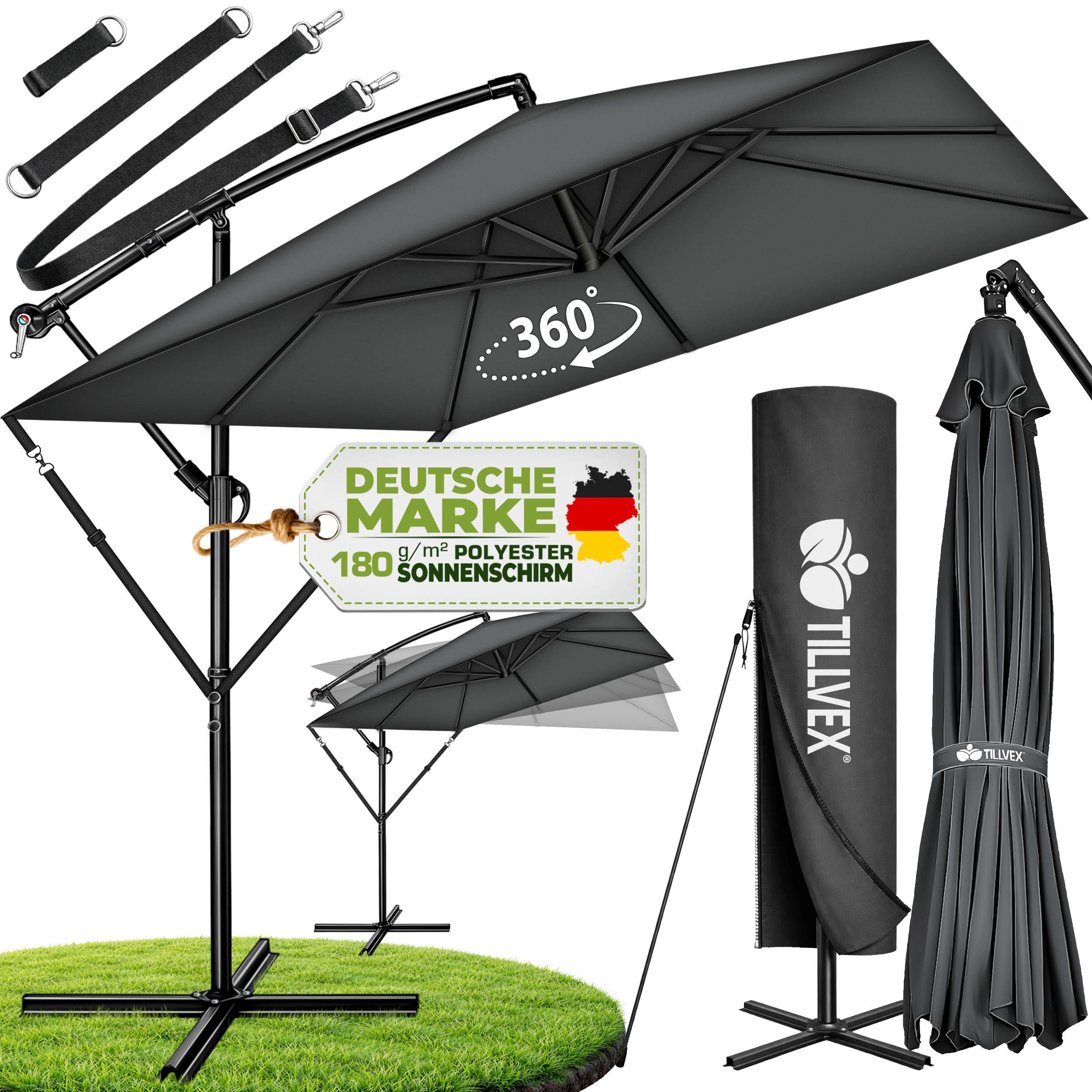 tillvex Sonnenschirm tillvex® Sonnenschirm eckig 235 x 235 cm Ampelschirm Gartenschirm, Kurbelschirm Marktschirm wasserdicht 360° drehbar, mit Kurbel & Windschutz Gartenschirm Aluminium, Alu Ampelschirm Ø 330 cm Rechteckig + Abdeckung