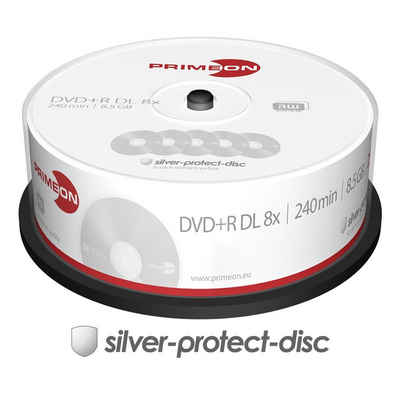 PRIMEON DVD-Rohling »2761251 DVD+R DL Double Layer Rohlinge«, 25 Stück, 8.5 GB / 240 Min, 8x, silver-protect-disc, Cakebox 25er Spindel