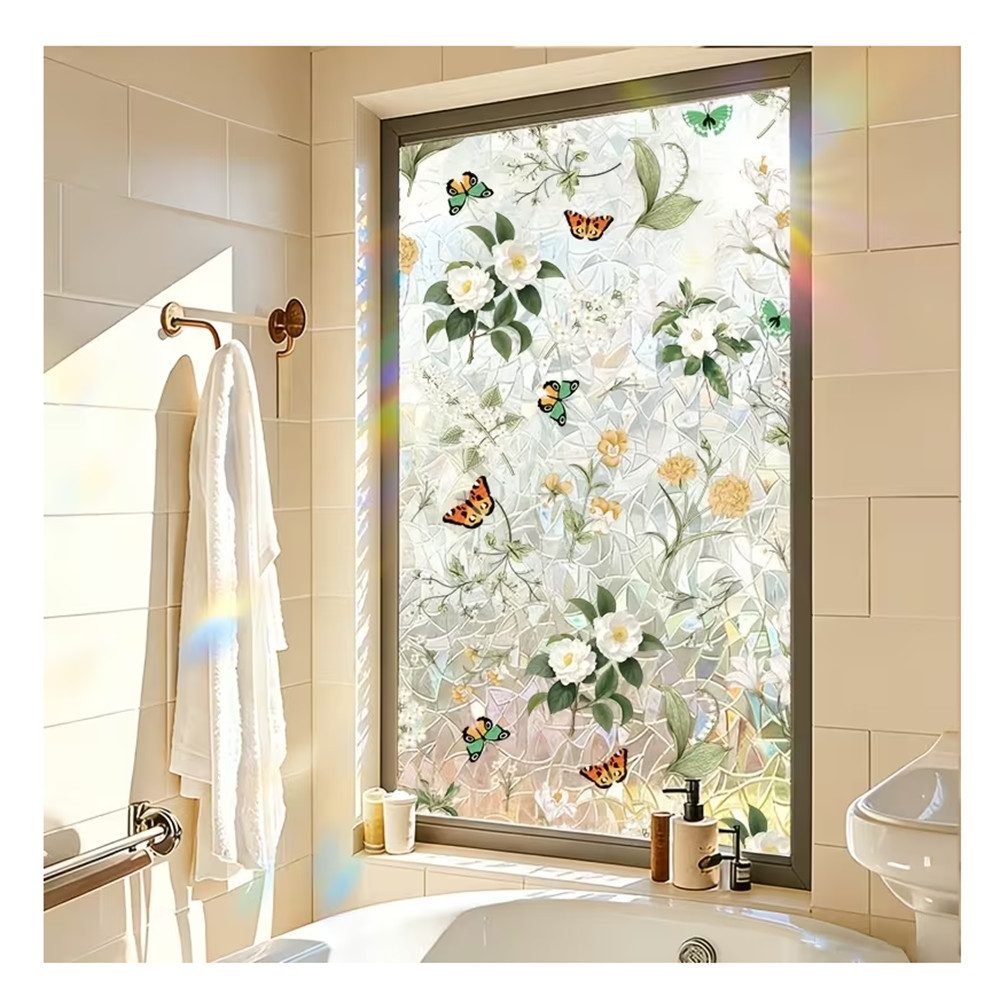 Agger Fensterfolie Sichtschutzfolie für Fenster,Blickdicht Selbsthaftend, Fenster, statische Fensterfolie mit Blumenmuster, abnehmbar, 44,5 × 200 cm