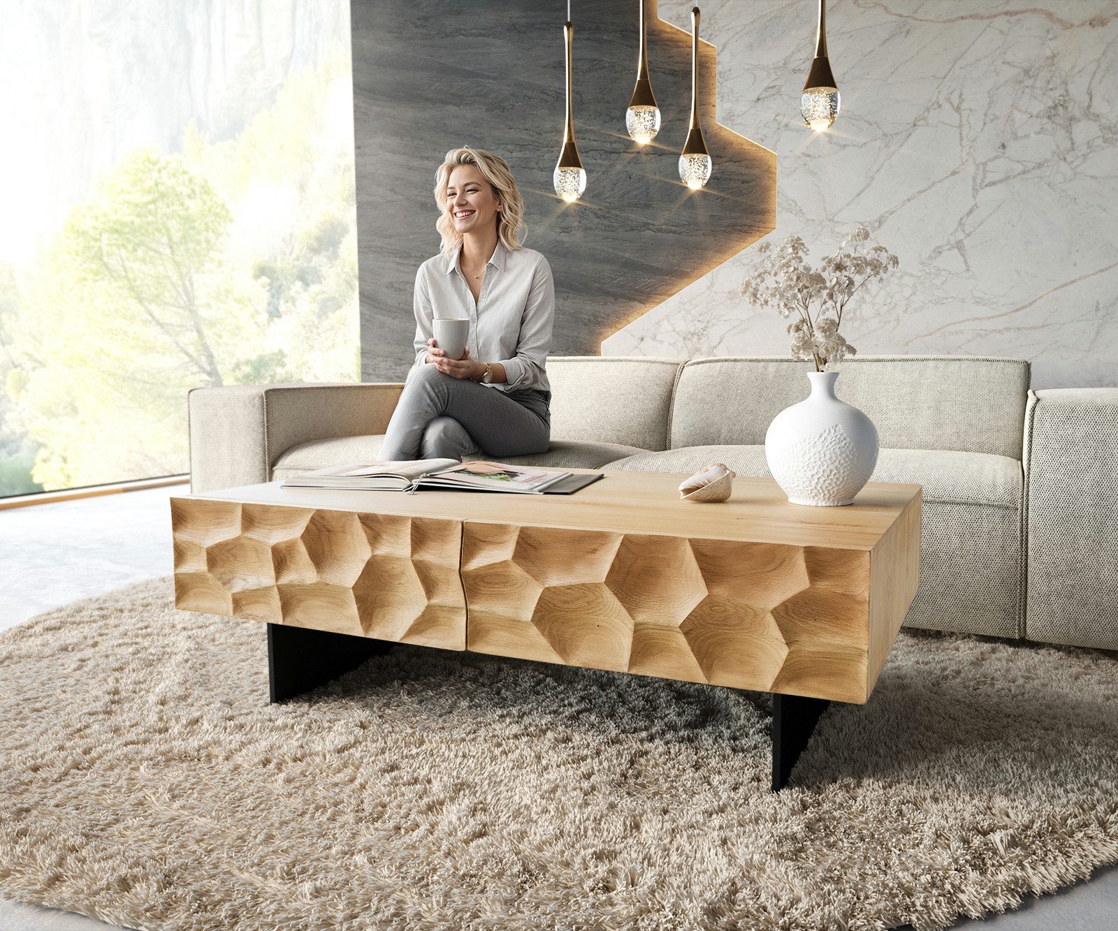 DELIFE Couchtisch Solu, Eiche Natur 120x70 cm 4 Schübe Fuß schwebend Metall Schwarz