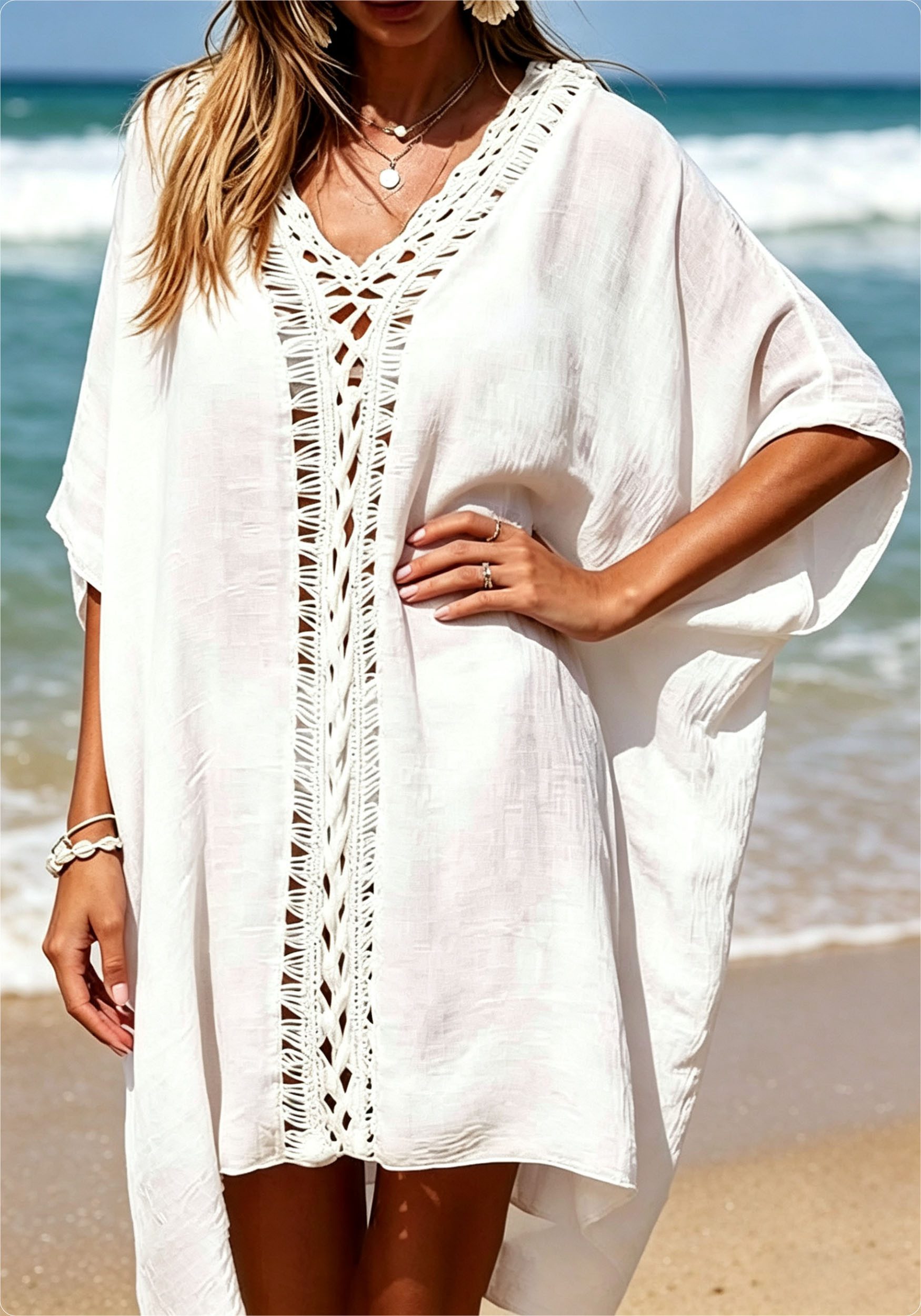 Mutig Strandkleid Damen Plus-Size-Strandkleid, Badeanzug-Überwurf, Häkel-Design-Kleid (Sommer Strandponcho, Leichter Bikini Überwurf für Strand & Urlaub, Beste Übereinstimmung für Bikini, Shorts, Badeanzug usw) Sie wirkt auch bei kurvigeren Frauen sehr attraktiv und stilvoll