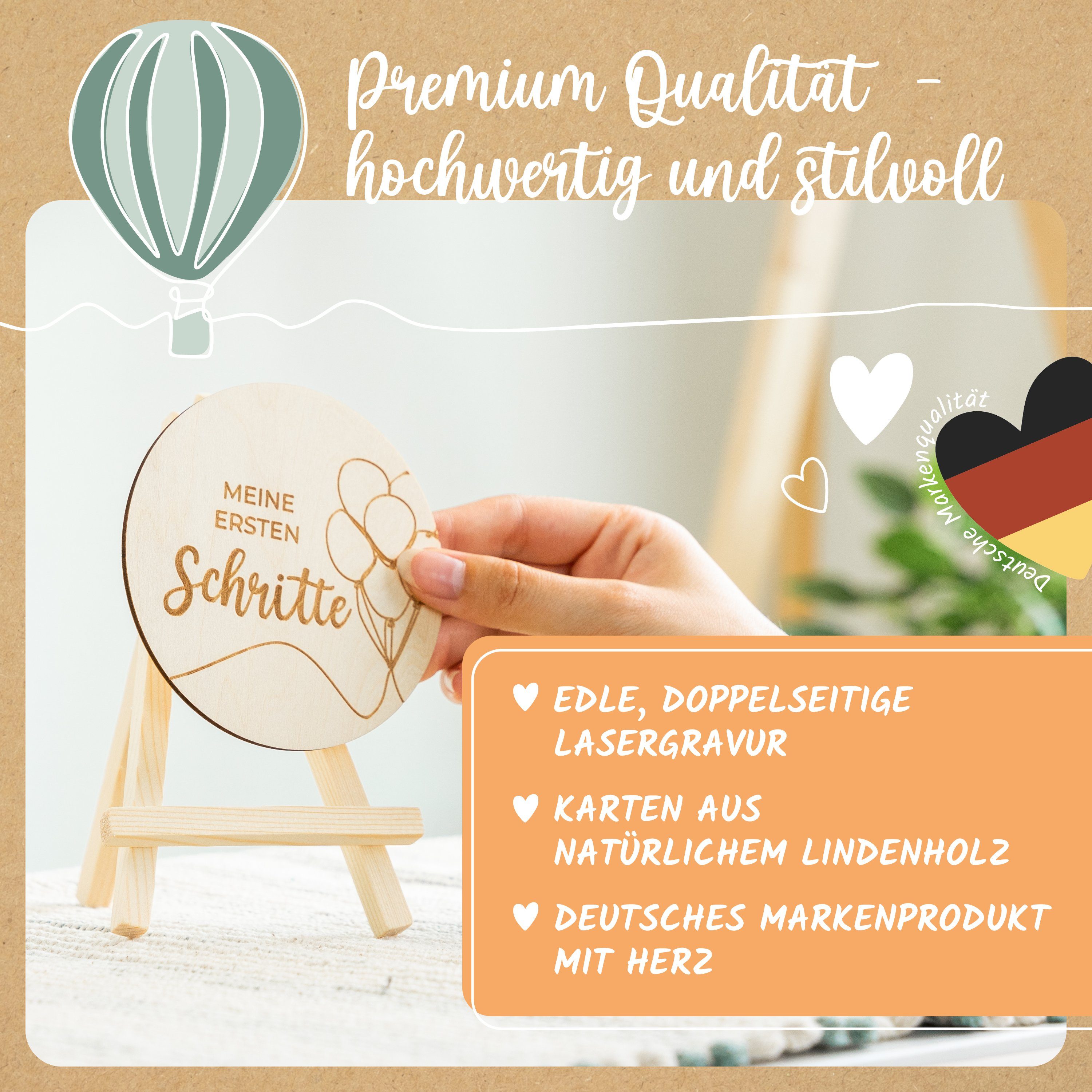 Amari Geburtskarte Meilensteinkarten Baby Holz 20 Karten 40 Motive, Lasergravur, 40 Motive graviert, Lindenholz, mit Aufsteller und Jutebeutel – Bild 5 von 5