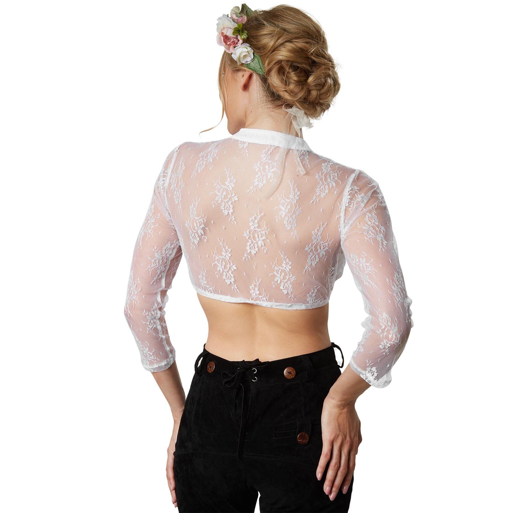 dressforfun Trachtenbluse Langärmelige Dirndlbluse mit Herz-Ausschnitt und elastischem (Frauentracht Gretl, in weiß) Vollflächige Blumenspitze mit blickdicht ge – Bild 4 von 5