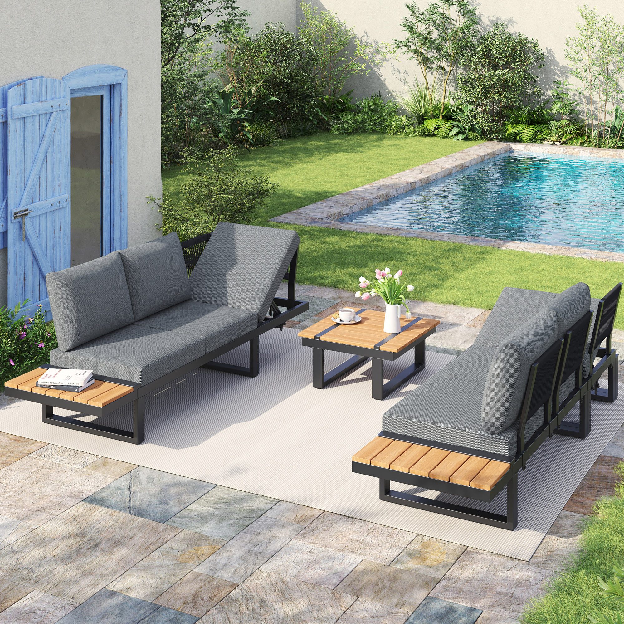 Flieks Gartenlounge-Set, 6-Sitzer Gartenmöbel mit 5-stufig-verstellbarer Neigungsfunktion