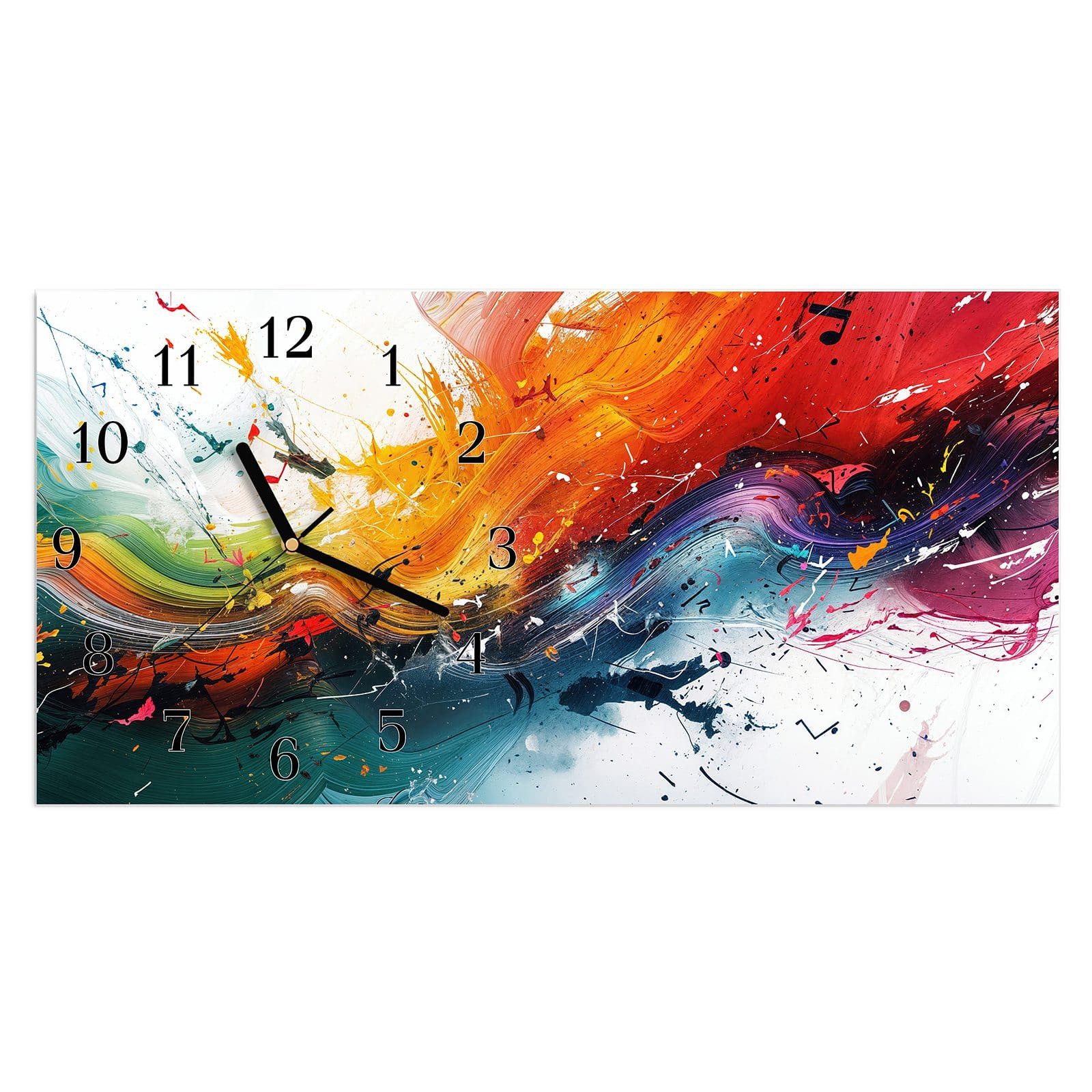 Wanduhr Glasuhr Wandkunst Größe 60 x 30 cm mit Motiv Farbenexplosion