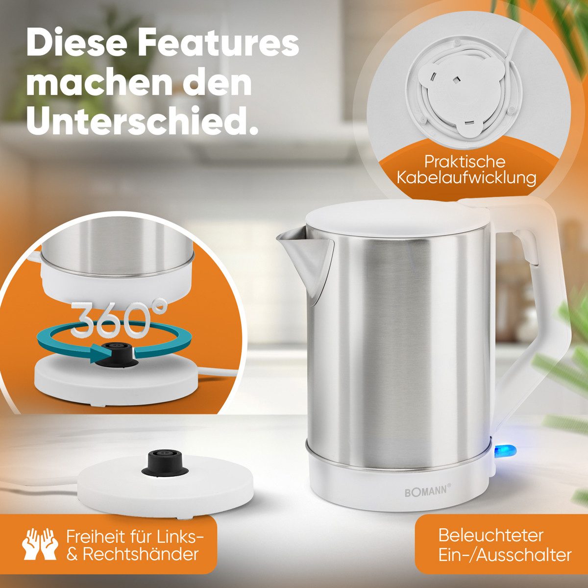 BOMANN Wasserkocher WKS 3002 CB, Wasserkocher Edelstahl, 1,5 Liter, BPA frei