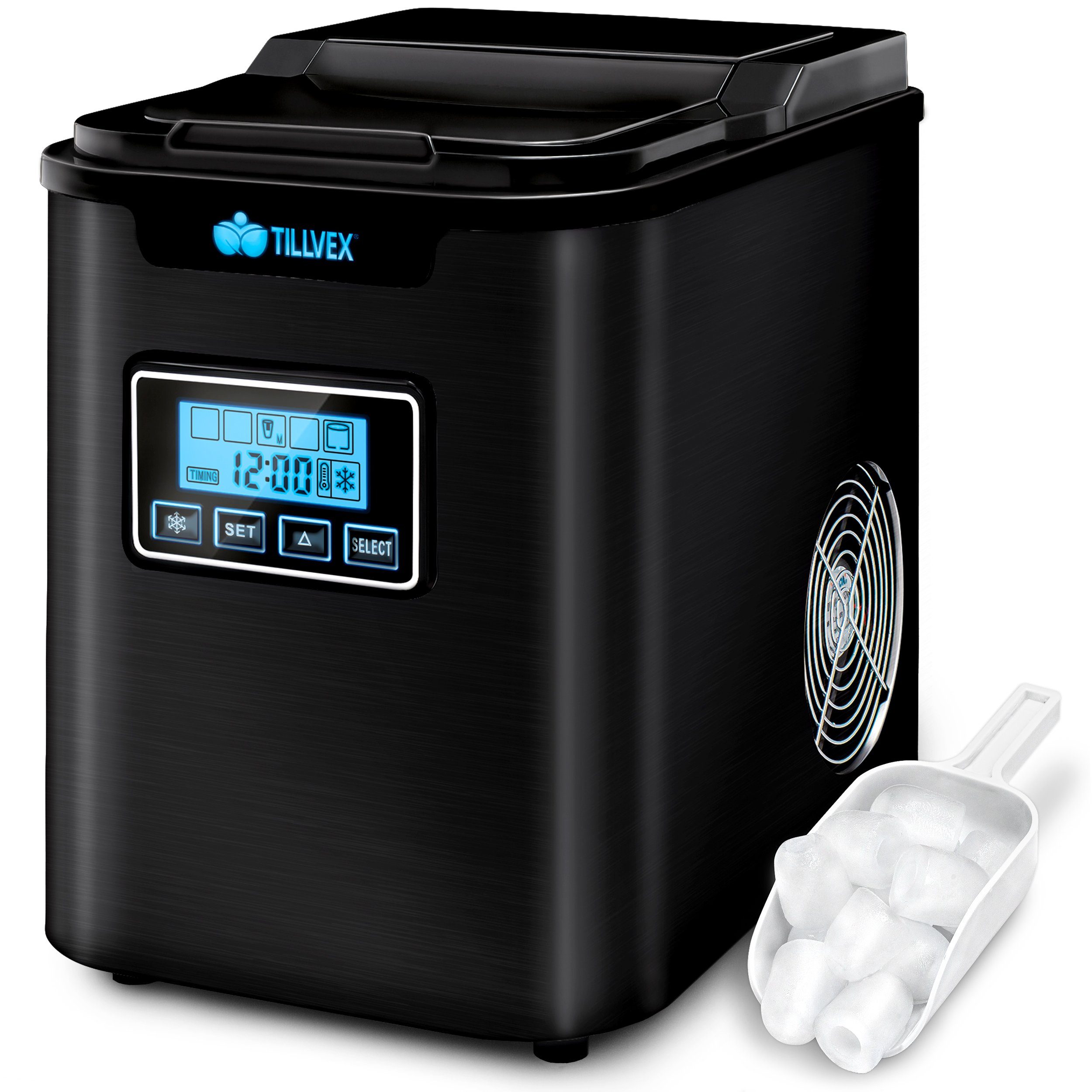 tillvex Eiswürfelmaschine Ice Maker 12 kg - 24 h Edelstahl, Mit Timer & LCD- Display, 2,2L Wassertank & Selbstreinigungsfunktion, 3 Eiswürfel Größen
