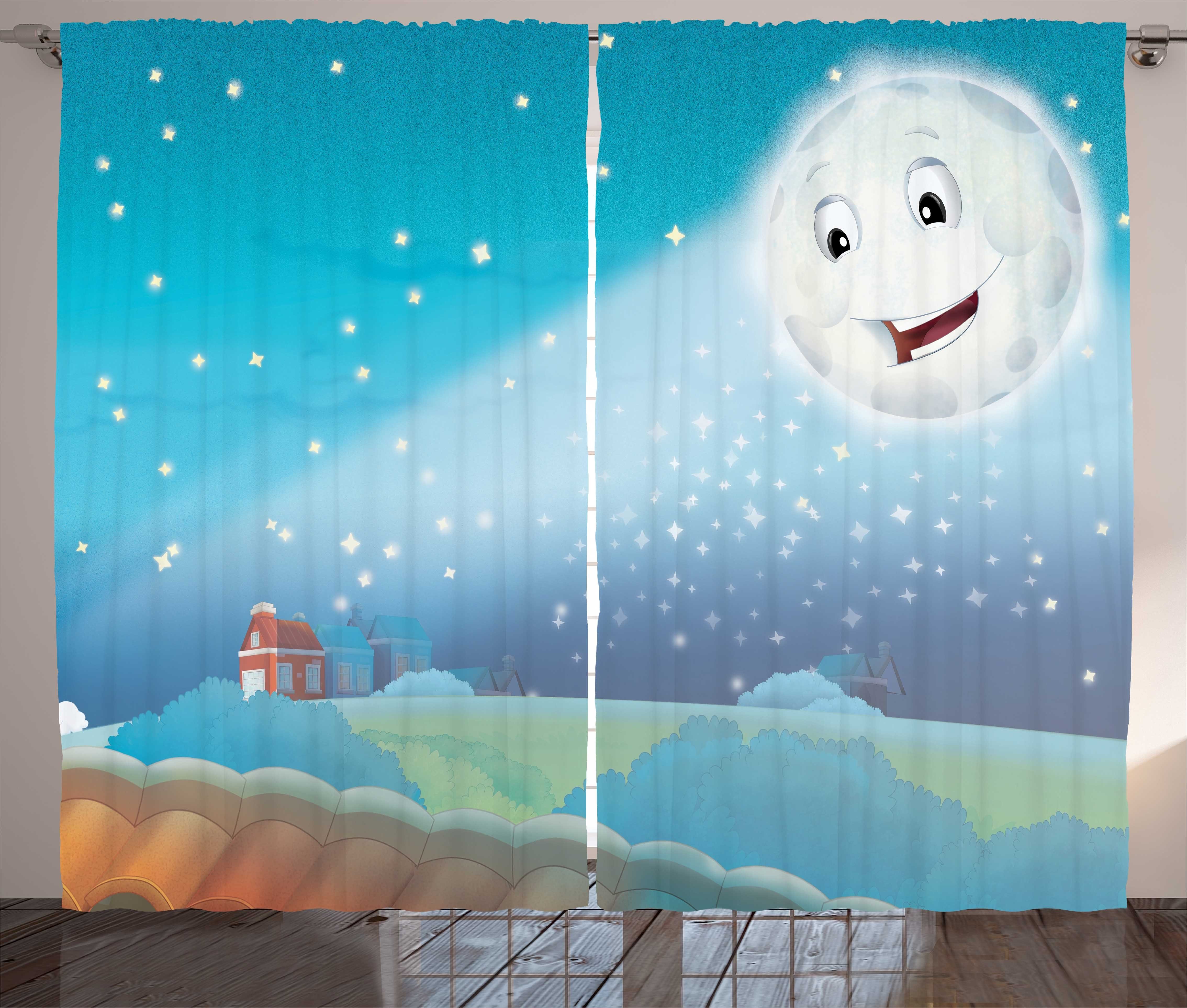 Gardine Schlafzimmer Kräuselband Vorhang mit Schlaufen und Haken, Abakuhaus, Mond-Strahlen Cartoon Lunar Lächeln