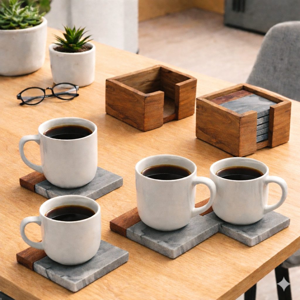 ILOKEN Getränkeuntersetzer aus Holz und Marmor, 5er-/10er-Set, Zubehör für Gläser, Tassen, Becher, Kerzen, Vasen, Untersetzer Set, 10-tlg., Handgefertigt; rutschhemmend; inklusive passender Halterung