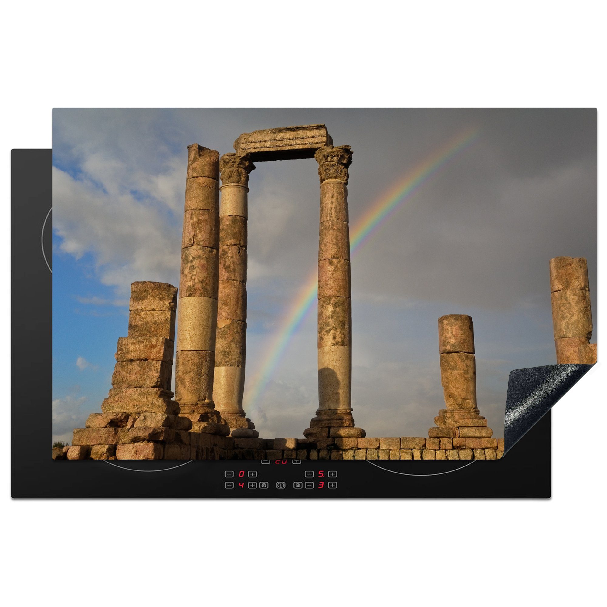 MuchoWow Herdblende-/Abdeckplatte Regenbogen über dem Herkulestempel in Amman, Vinyl, (1 tlg), 81x52 cm, Induktionskochfeld Schutz für die küche, Ceranfeldabdeckung