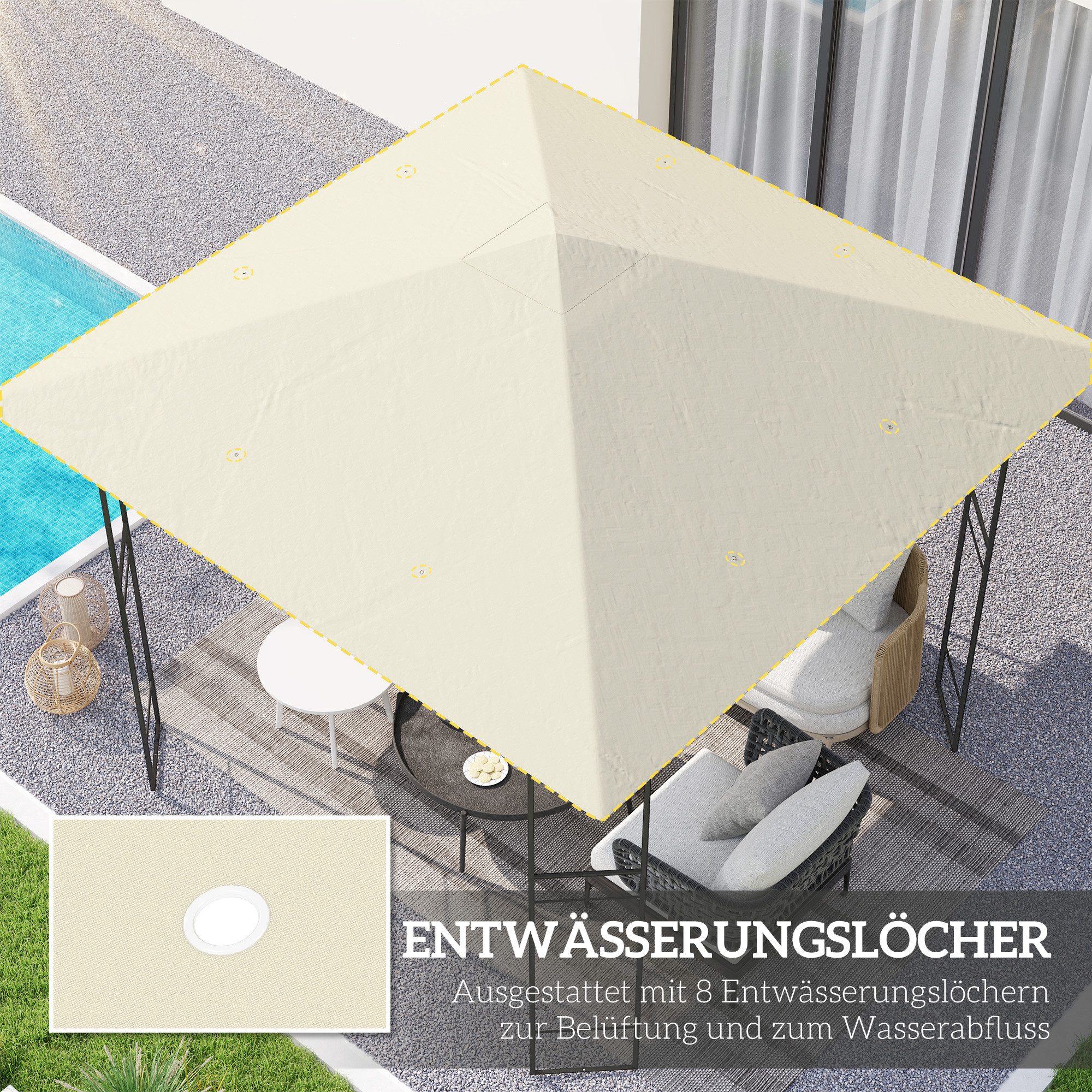 Outsunny Pavillon-Ersatzdach Ersatzdach für Pavillon 3x3 m UPF30+ Gartenpavillon Ersatzteile, 370 g/m², 298.0 x 298.0 cm (Pavillondach, Ersatzbezug), Cremeweiß – Bild 4 von 5