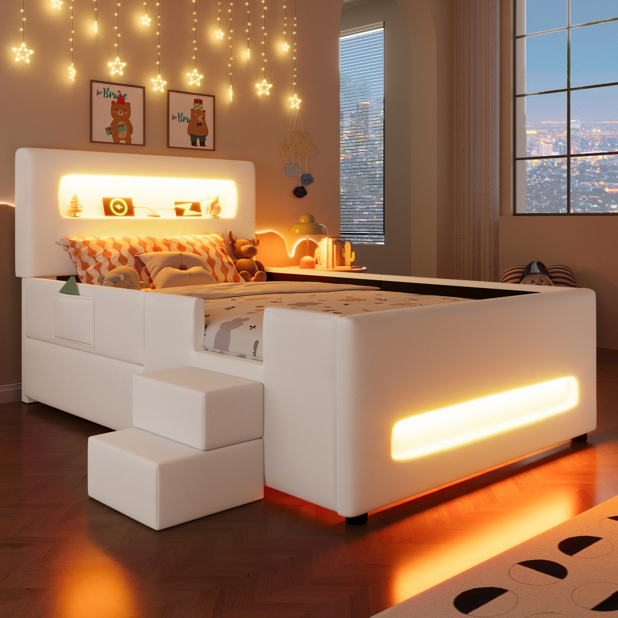 Merax Polsterbett 90x200cm Plattformbett mit LED-Lichtleisten (Jugendbett Einzelbett, 1-tlg), Kinderbett mit Treppe, Schublade, Stauraum & Taschen, Kunstleder