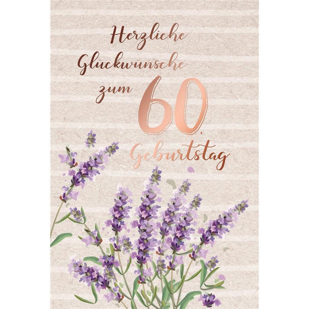 Grußkarten 60. Geburtstag - Karte mit Umschlag - Lavendel - mit rosegoldener