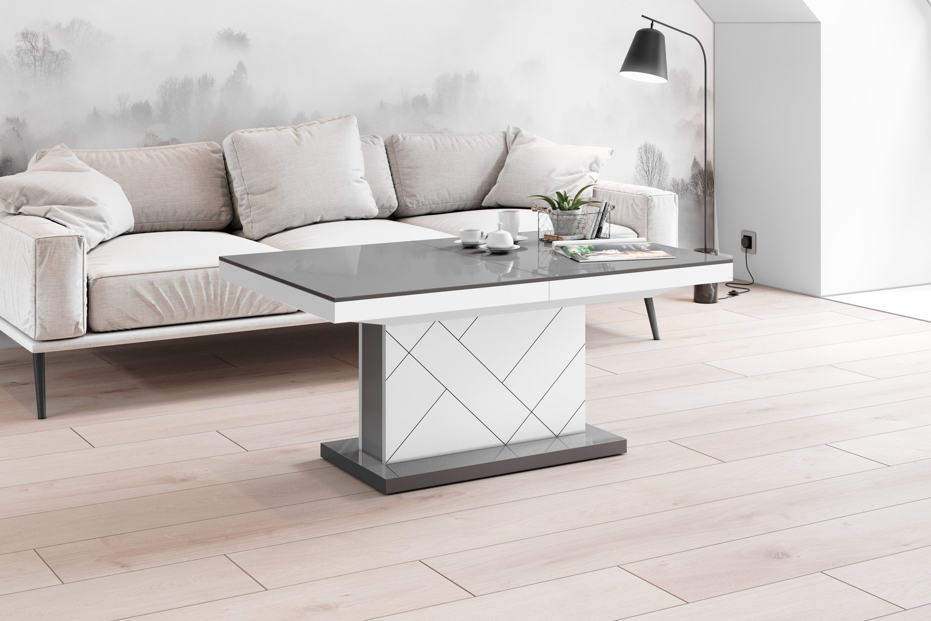 designimpex Couchtisch Design Tisch HM-333 Grau / Weiß Hochglanz höhenverstellbar ausziehbar Grau Hochglanz / Weiß Hochglanz
