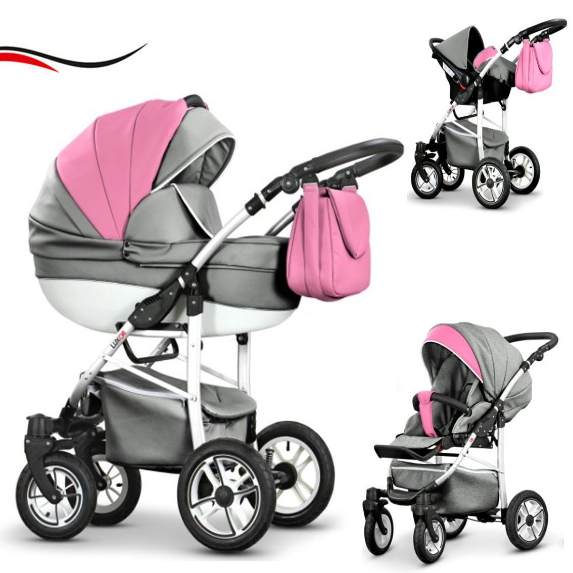 babies-on-wheels Kombi-Kinderwagen 3 in 1 Kinderwagen-Set Cosmo ECO - 16 Teile - in 29 Farben Hellgrau-Rosa Kunstleder