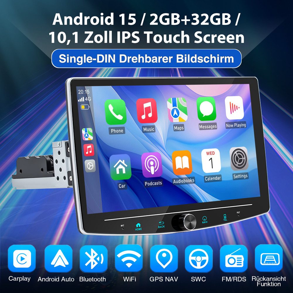 ESSGOO 4+64G Android 15 Autoradio 1 DIN 360° Drehbar Bildschirm Carplay Autoradio (10,1, Digitalradio (DAB), RDS, SWC, BT, NAVI)