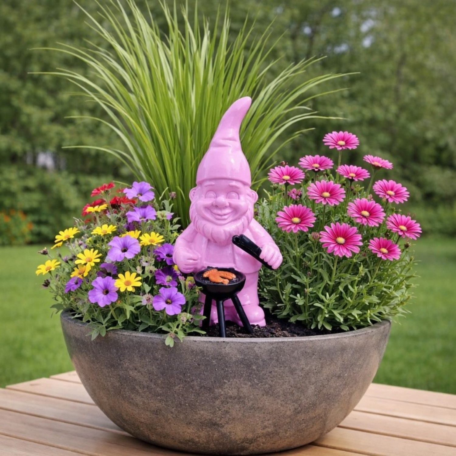 Online-Fuchs Gartenfigur für draußen - moderner Gartenzwerg mit Grill - 18,5 cm groß, (trendige Farben, wetterfest), lustige Geschenkidee für Gartenfreunde