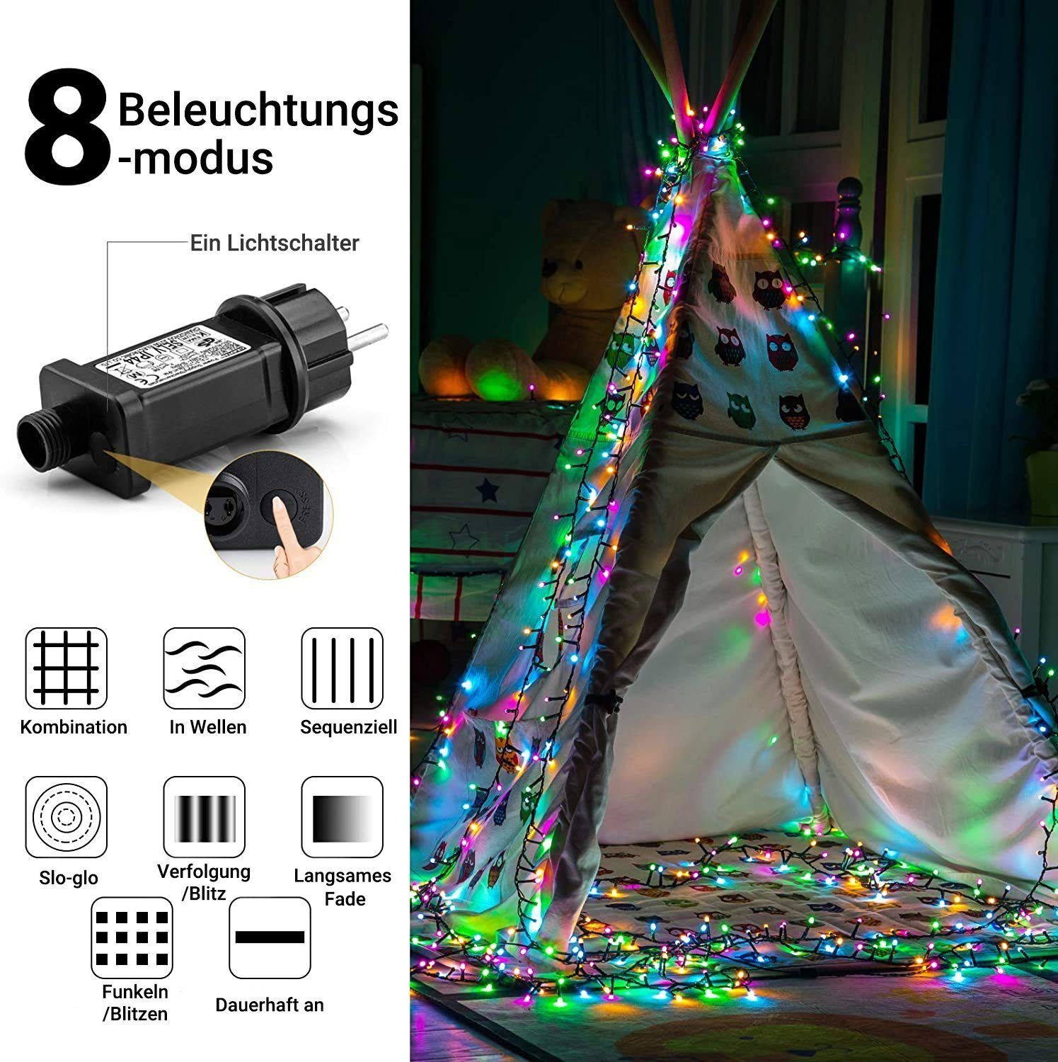 Elegear LED-Lichterkette 20M Bunte LED fenster weihnachten fensterbilder Licht 8 für Modi Weiches Lichtervorhang, Weihnachtsdeko IP44, Weihnachtsbäume