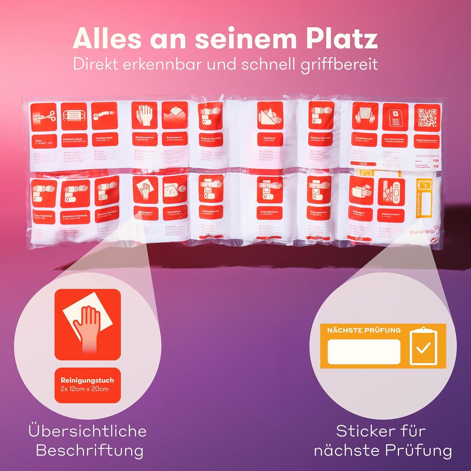 Purahelp KFZ-Verbandtasche Nachfüllset DIN 13164 nach aktueller Norm 2025 (StVO konform), (44 St), Inkl. Beatmungstuch - Erste Hilfe Set Auto Verbandskasten Auto 2025