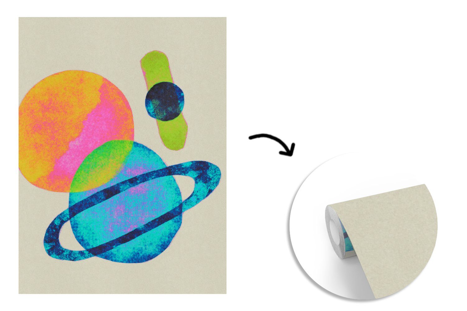 Fototapete bedruckt, Tapete Abstrakt Montagefertig für Vinyl Planeten Farbe, St), Wandtapete - Wohnzimmer, Neon - (4 MuchoWow - Matt,