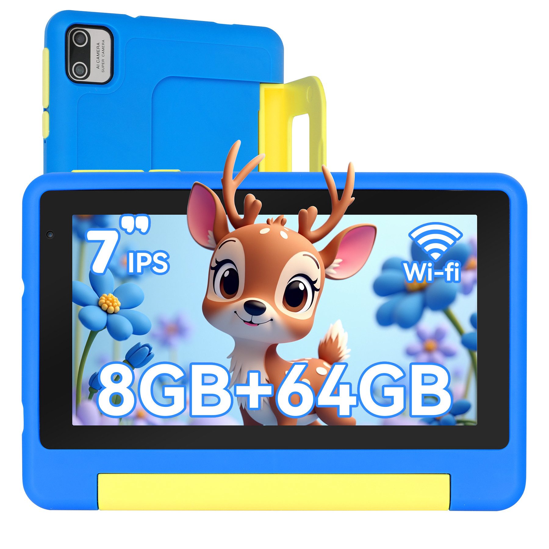 BUFO 7 Zoll 8(2+6)GB+64GB, Wi-Fi, Bluetooth, 1024 x 600 HD-Display, Kinder Tablet (8", 64 GB, 13, Dual-Kamera)