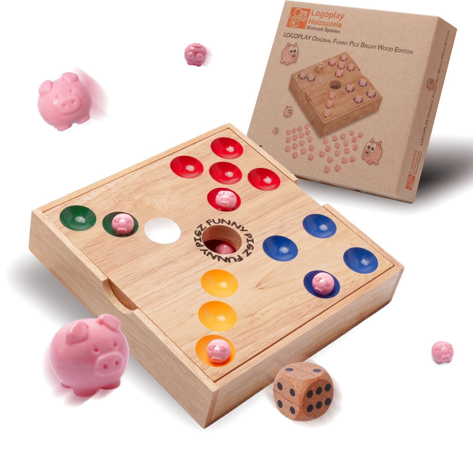 LOGOPLAY Spiel Origina Funny Pigs Version 2, Familienspiel, Original Funny Pigs Light Wood Edition für 2 bis 6 Spieler Spielfeld