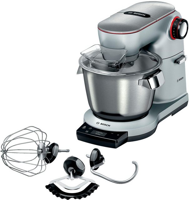 Bosch Küchenmaschine OptiMUM MUM9AX5S00, Edelstahl-Schüssel 5,5 L, integrierte Waage und Timer, Planetenrührwerk, Profi-Knethaken, Schlag-, Rührbesen, Edelstahl, 7 Arbeitsstufen, 1500 W, silber