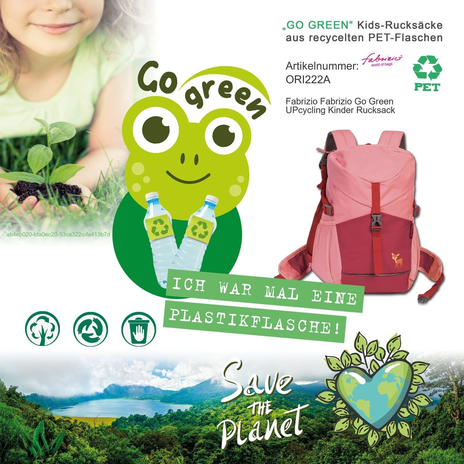 Rehkitz Green (Kinderrucksack), Kinderrucksack Go fabrizio® Polyester, hoch, 37cm ca. Freizeitrucksack Kinderrucksack Fabrizio rosa recycelt,
